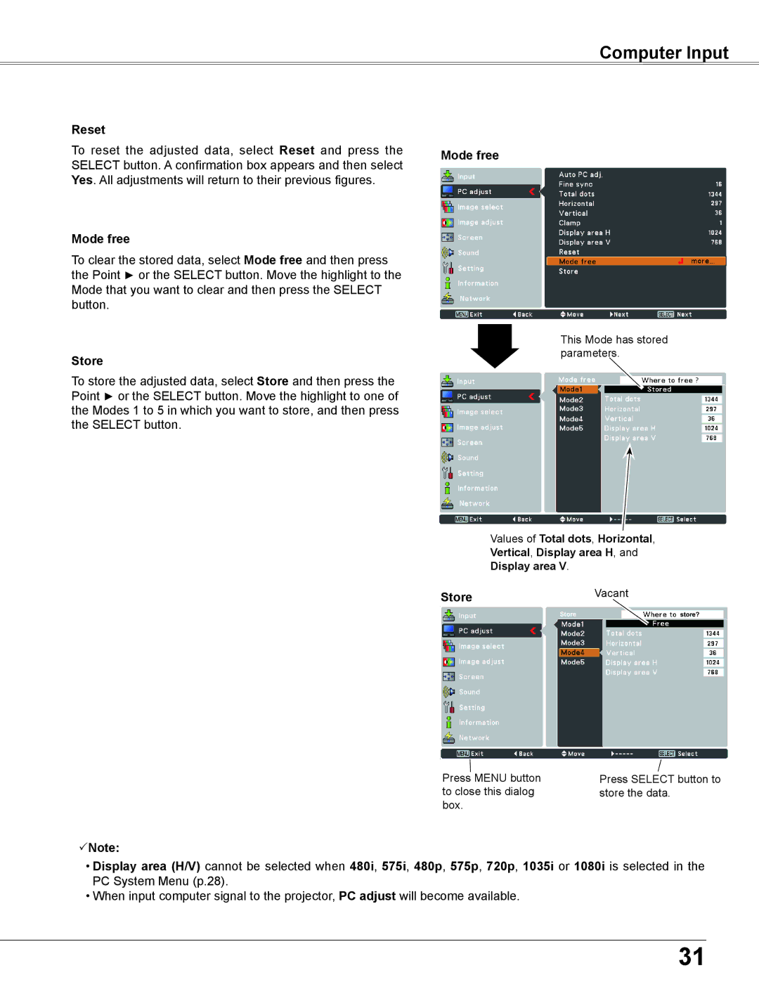 Elmo CRP-26 owner manual Computer Input, Reset, Mode free, StoreVacant 