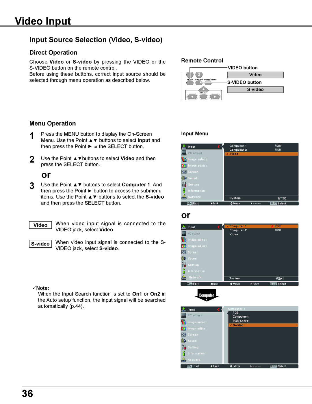 Elmo CRP-26 owner manual Video Input, Input Source Selection Video, S-video, Input Menu 