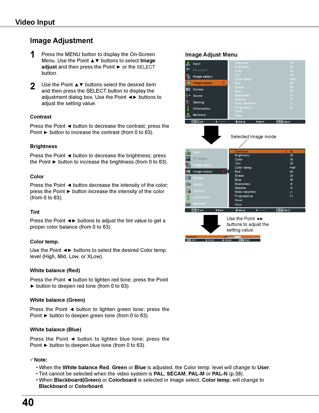 Elmo CRP-26 owner manual Video Input Image Adjustment, Color, Tint 