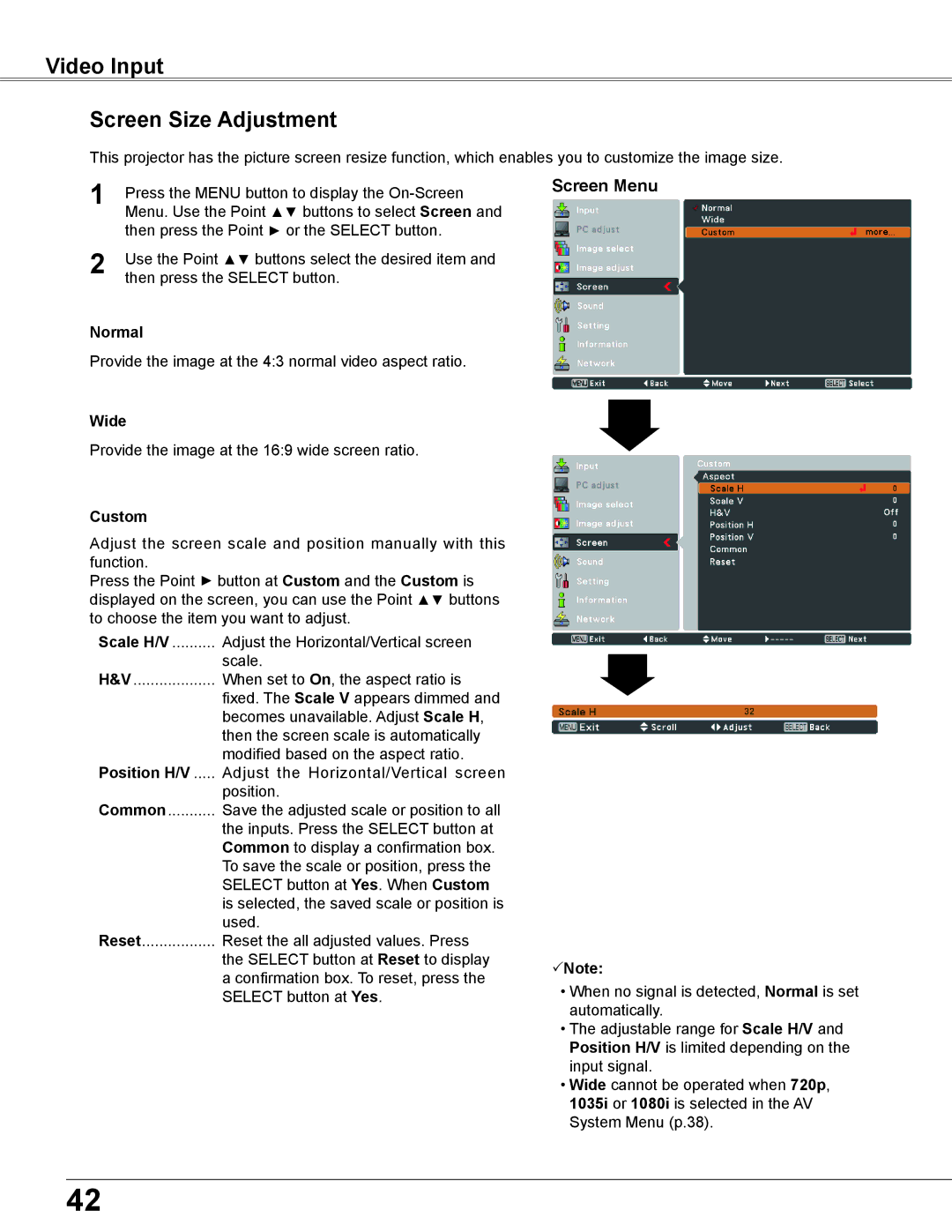 Elmo CRP-26 owner manual Video Input Screen Size Adjustment, Normal 