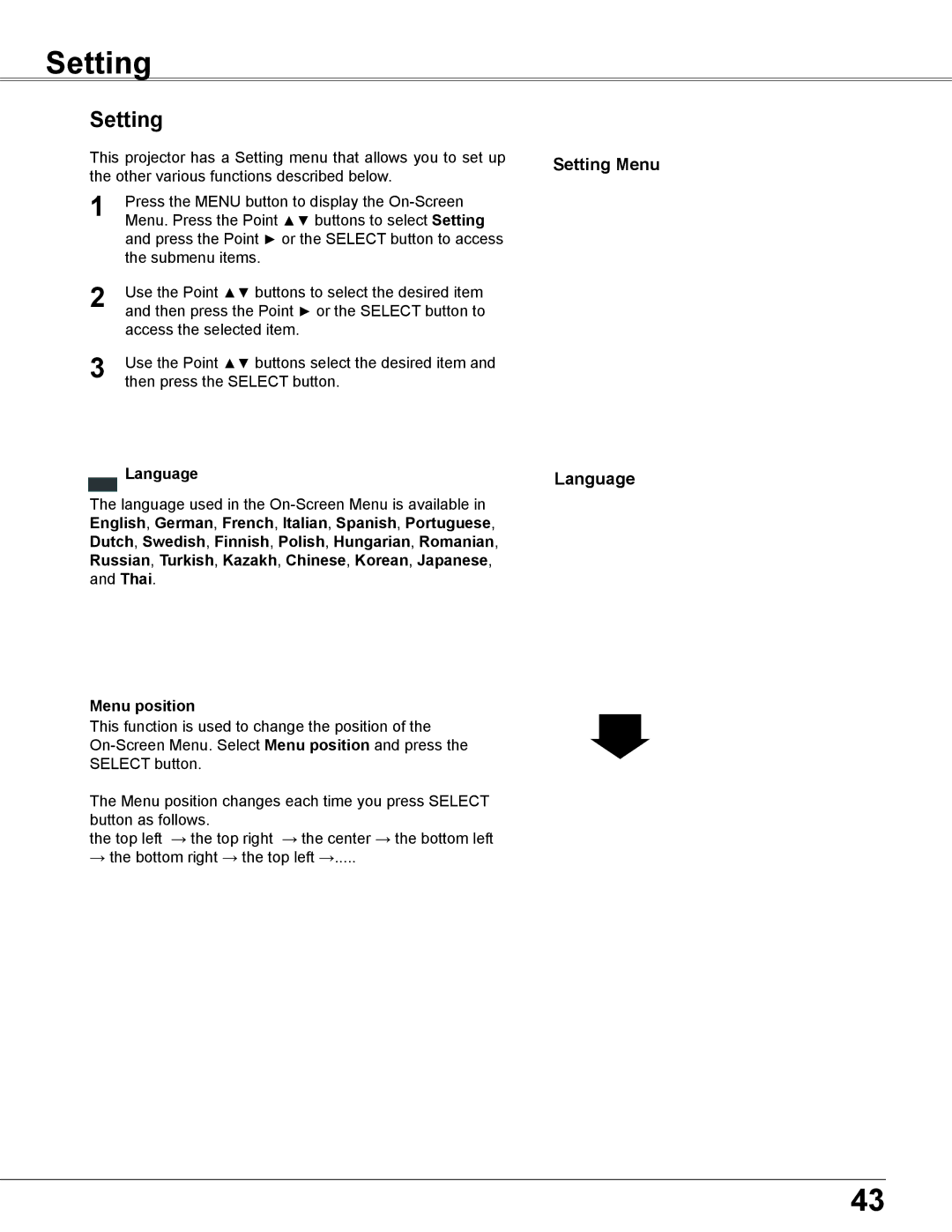 Elmo CRP-26 owner manual Setting Menu Language, Menu position 