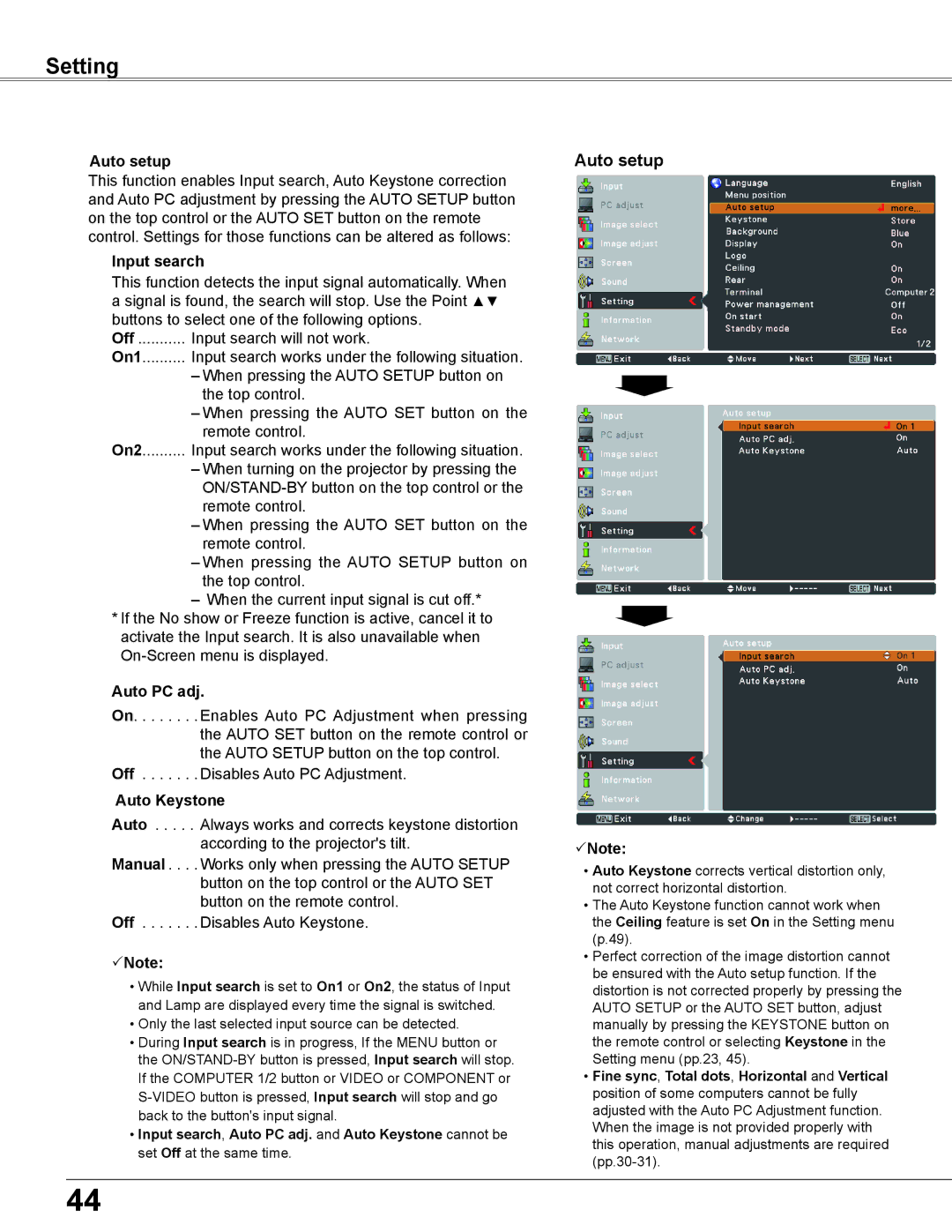 Elmo CRP-26 owner manual Auto setup, Input search, Auto Keystone 