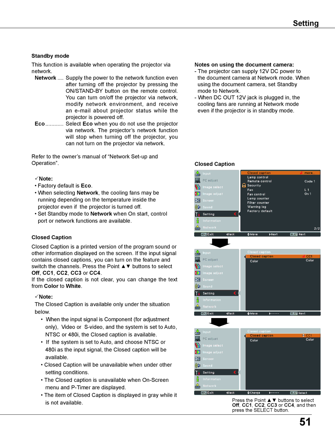 Elmo CRP-26 owner manual Standby mode, Closed Caption 