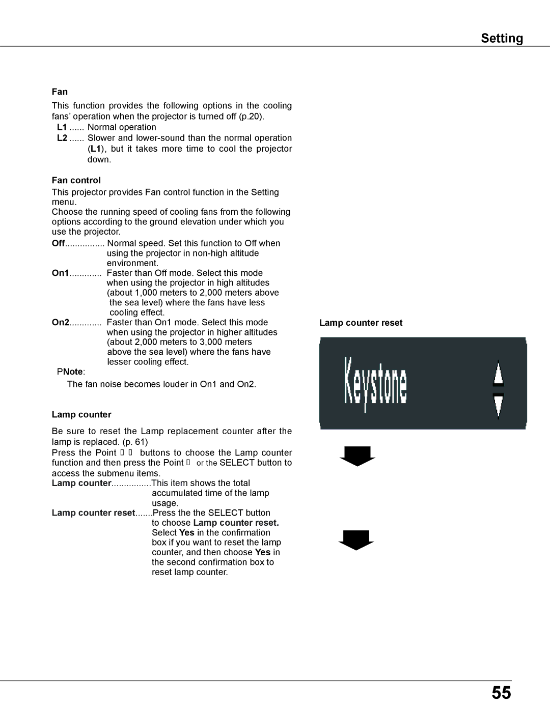 Elmo CRP-26 owner manual Fan control, Lamp counter reset 