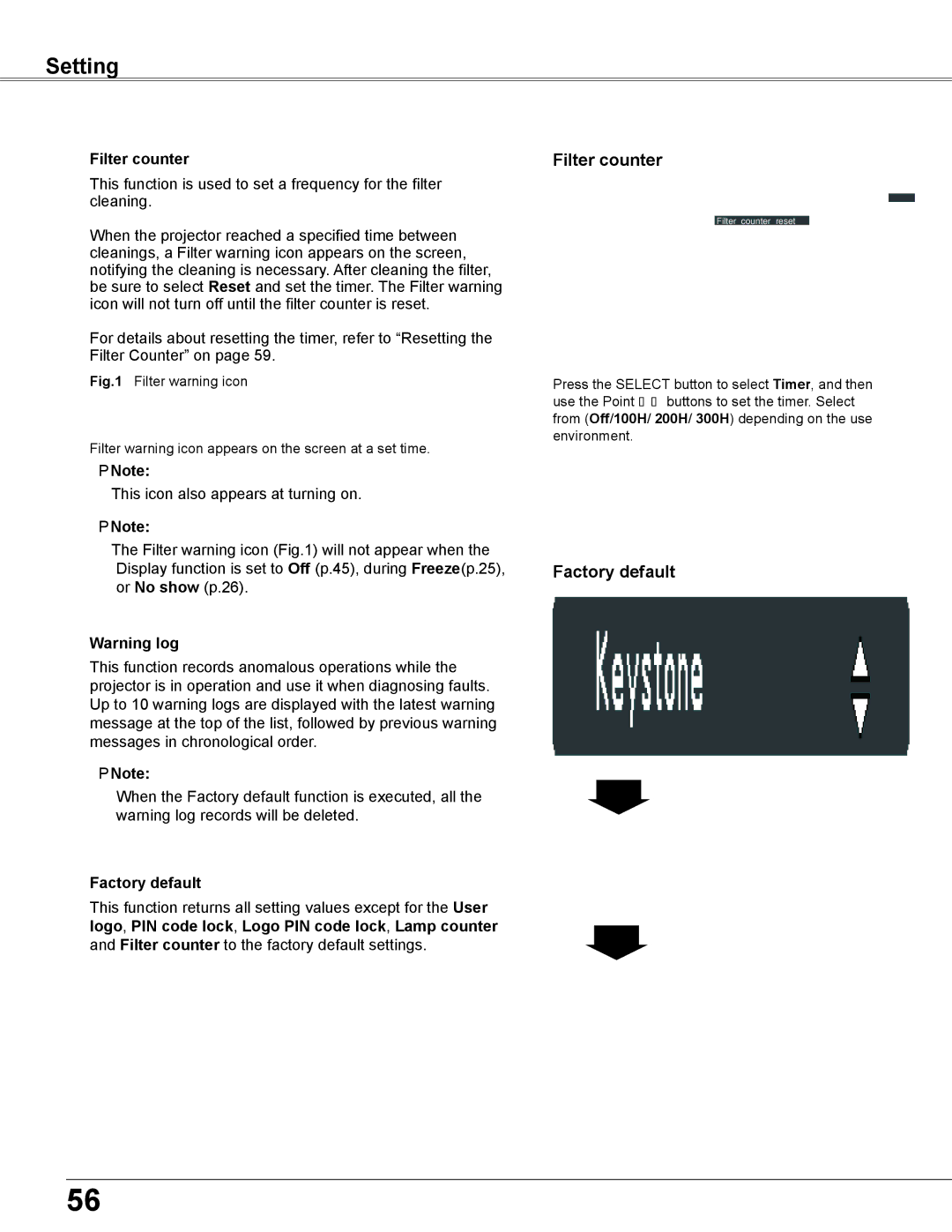 Elmo CRP-26 owner manual Filter counter, Factory default 