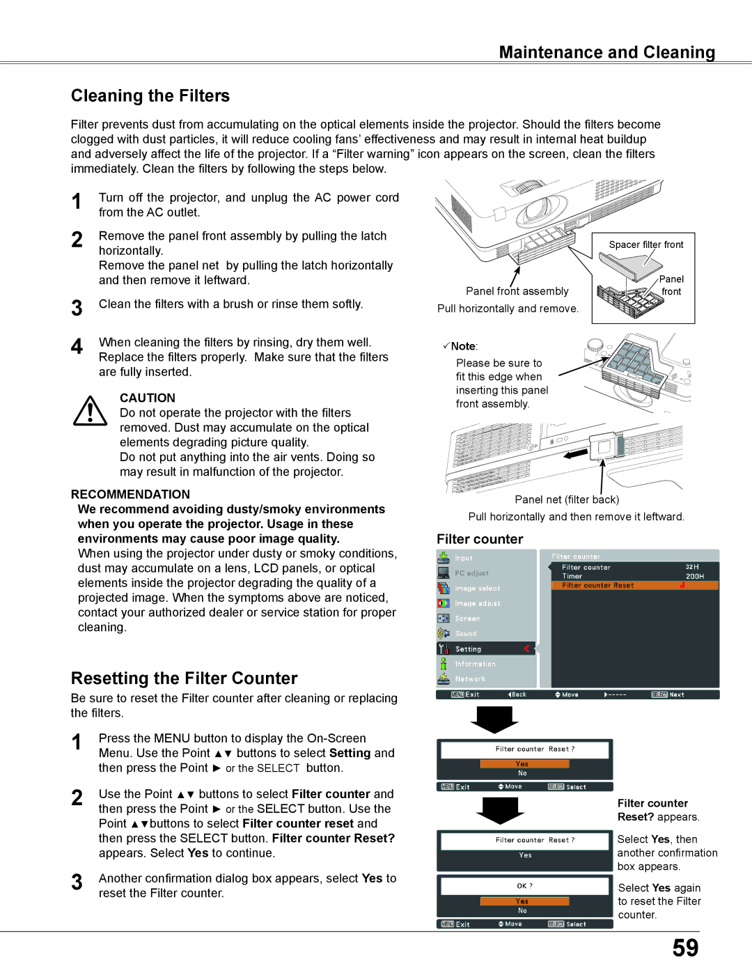 Elmo CRP-26 owner manual Maintenance and Cleaning Cleaning the Filters, Resetting the Filter Counter 