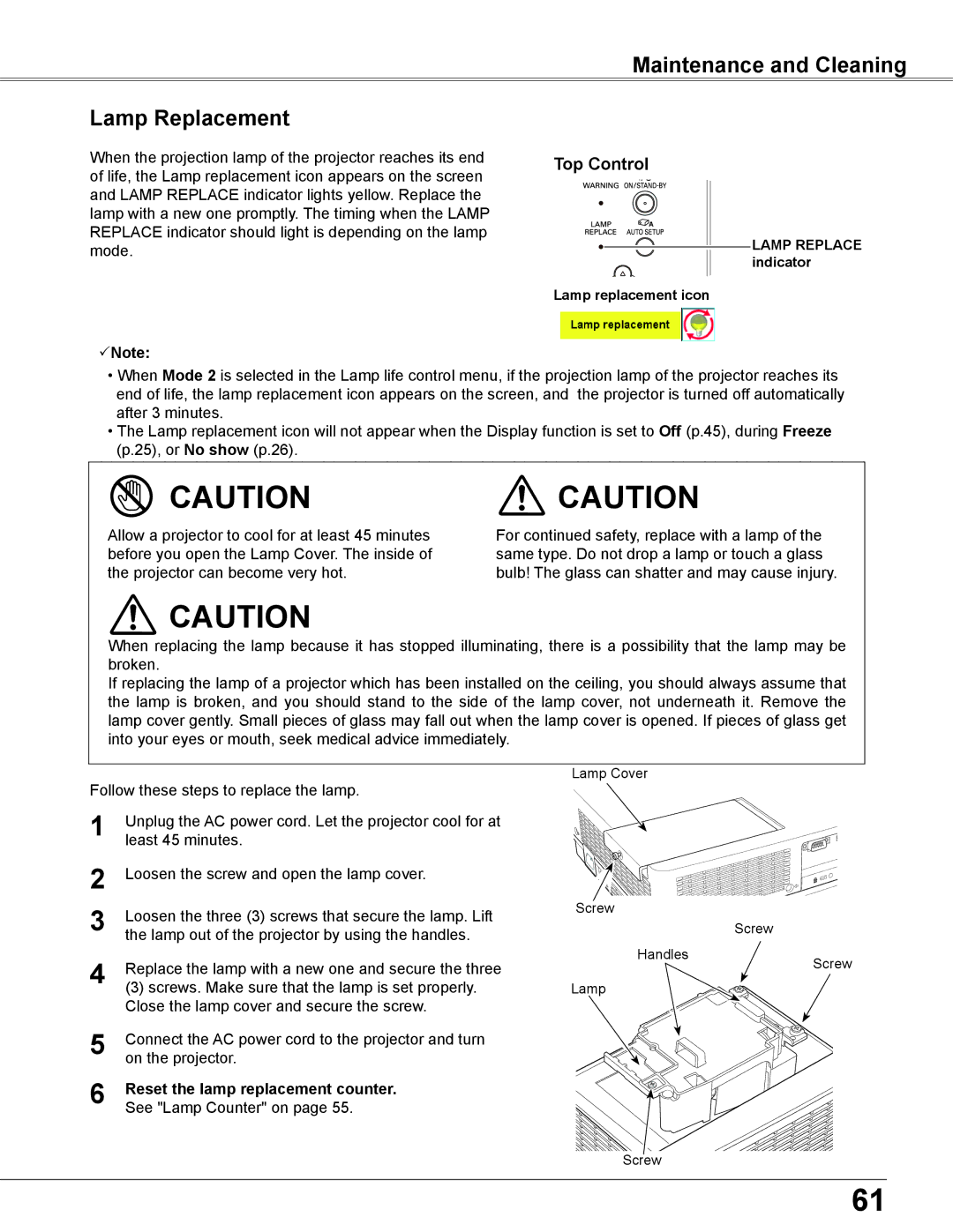 Elmo CRP-26 owner manual Maintenance and Cleaning Lamp Replacement, Reset the lamp replacement counter 