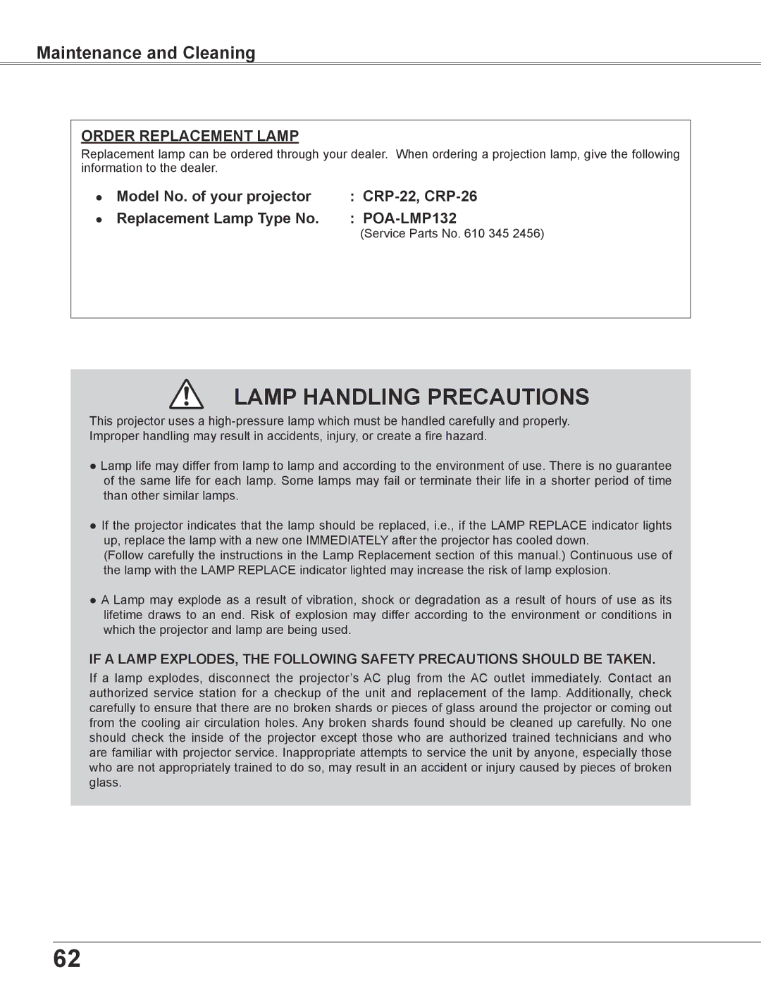 Elmo CRP-26 owner manual Maintenance and Cleaning, Service Parts No 345 