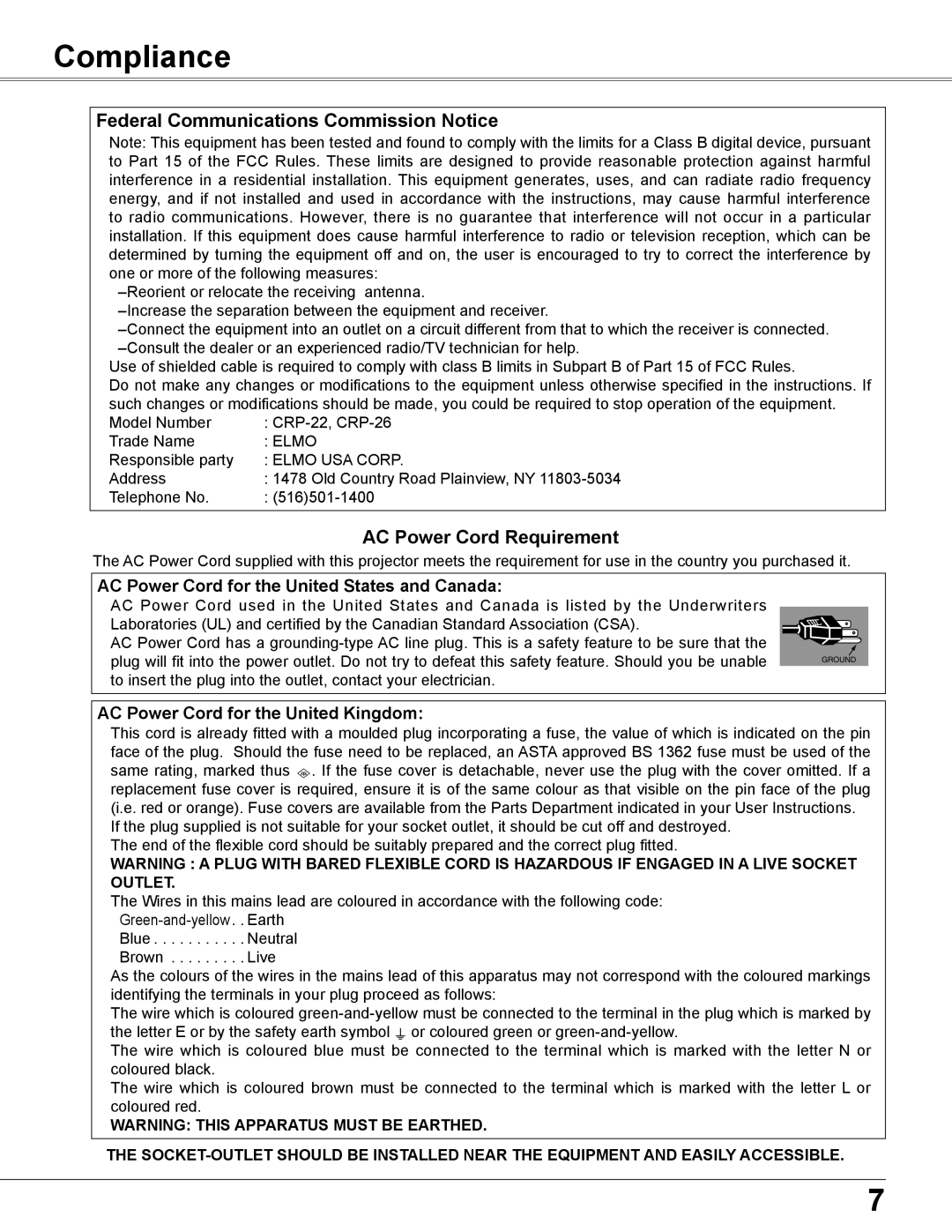 Elmo CRP-26 owner manual Compliance, Federal Communications Commission Notice, AC Power Cord Requirement 