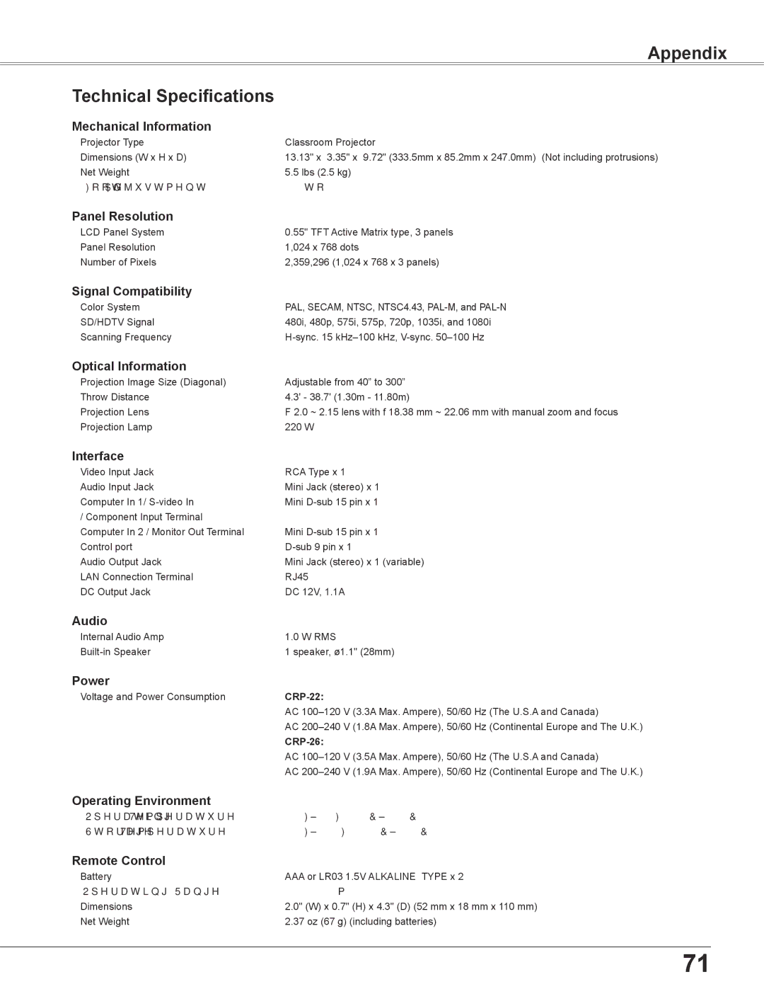 Elmo CRP-26 owner manual Technical Specifications 