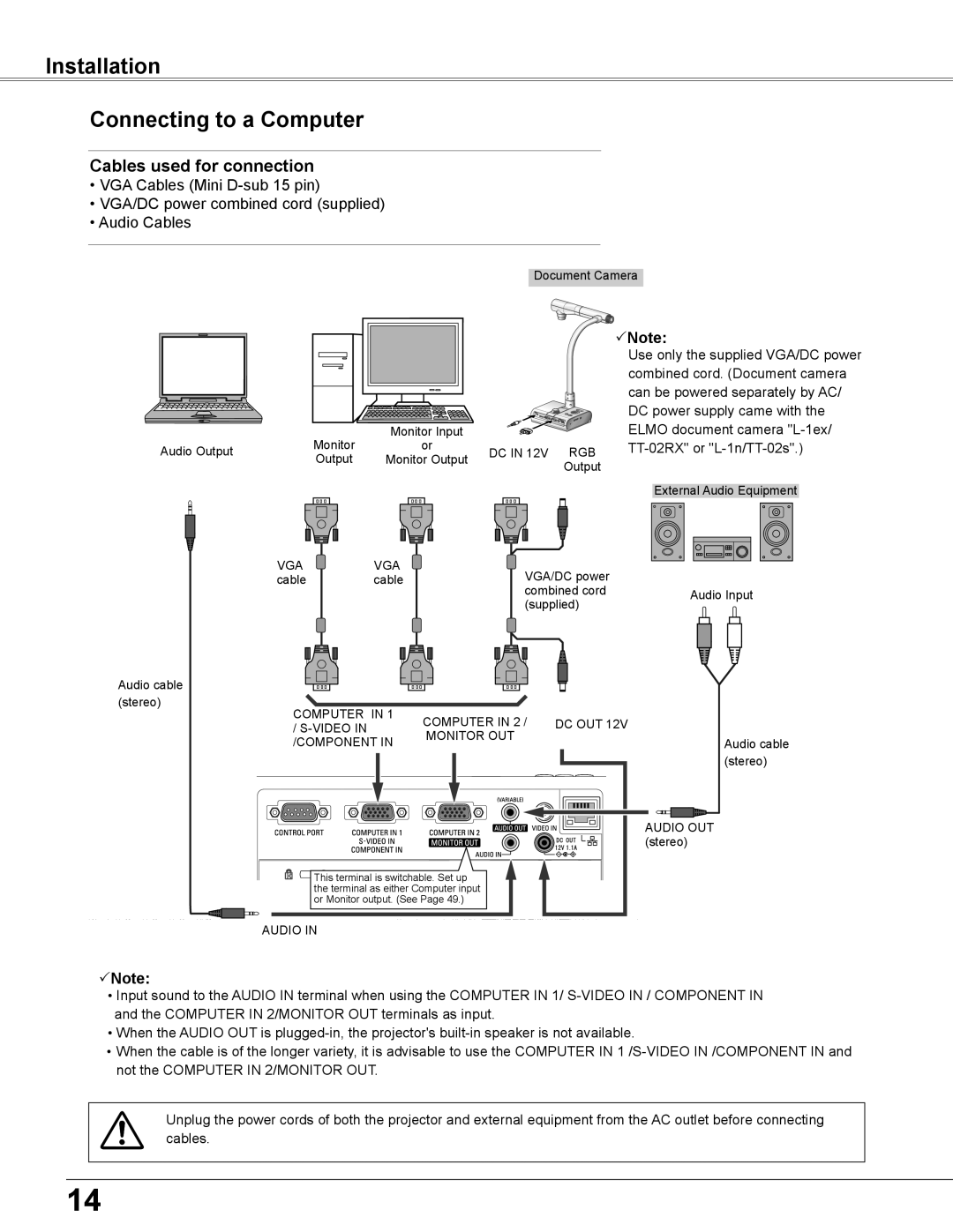 Elmo CRP-26 owner manual Installation Connecting to a Computer, Cables used for connection, Note 