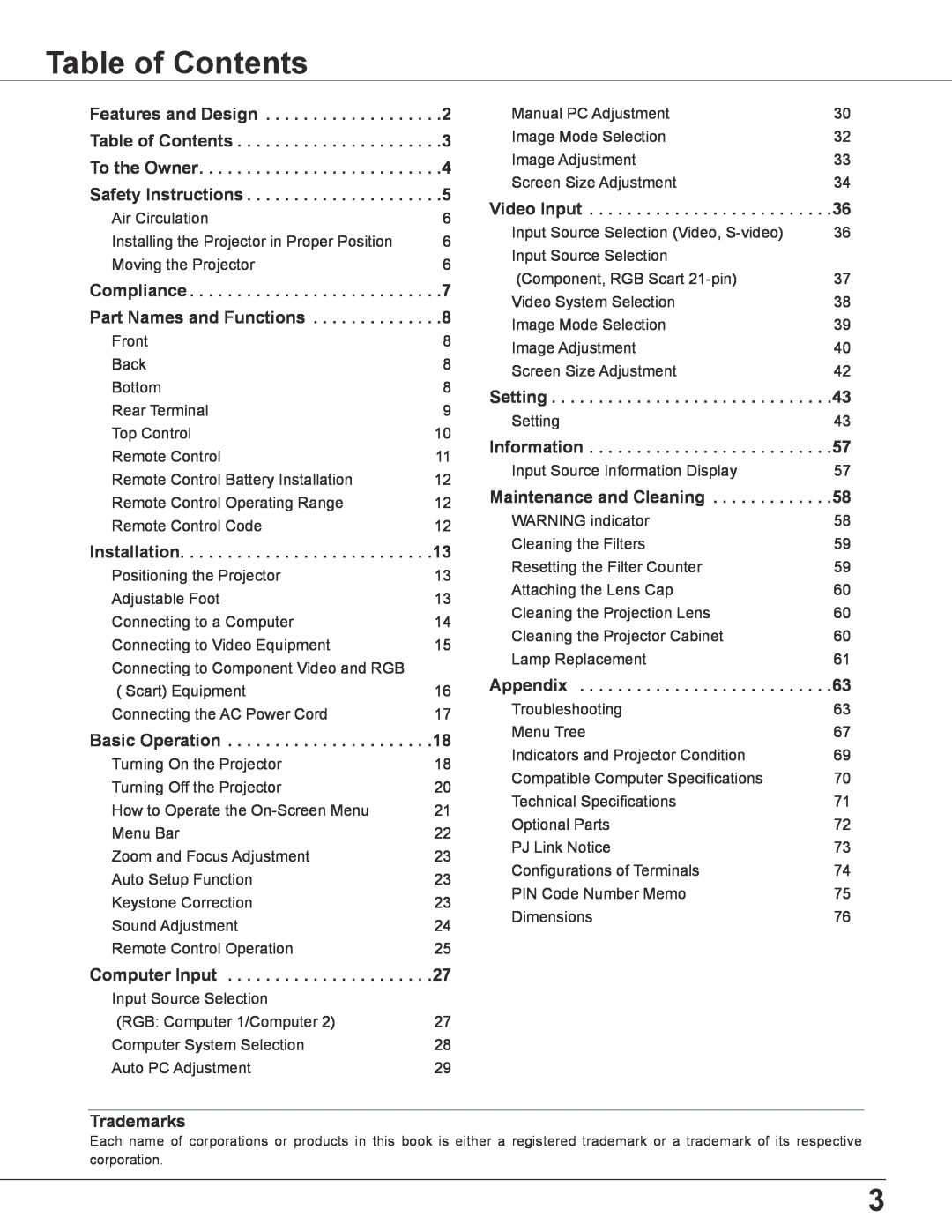 Elmo CRP-26 owner manual Table of Contents 