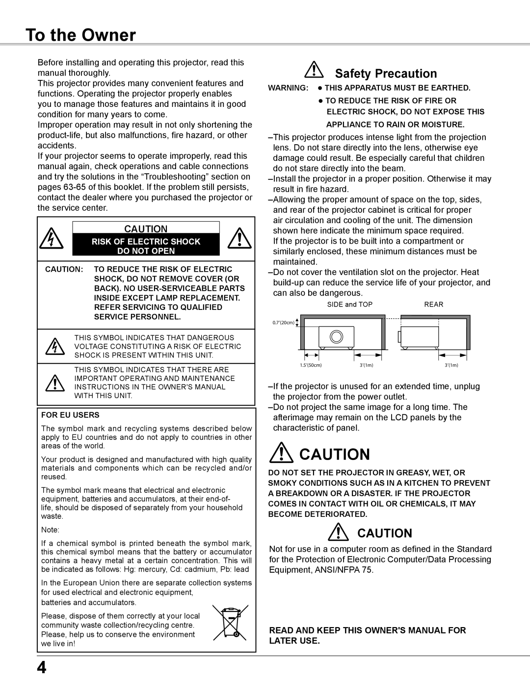 Elmo CRP-26 owner manual To the Owner, Safety Precaution, Risk Of Electric Shock Do Not Open 