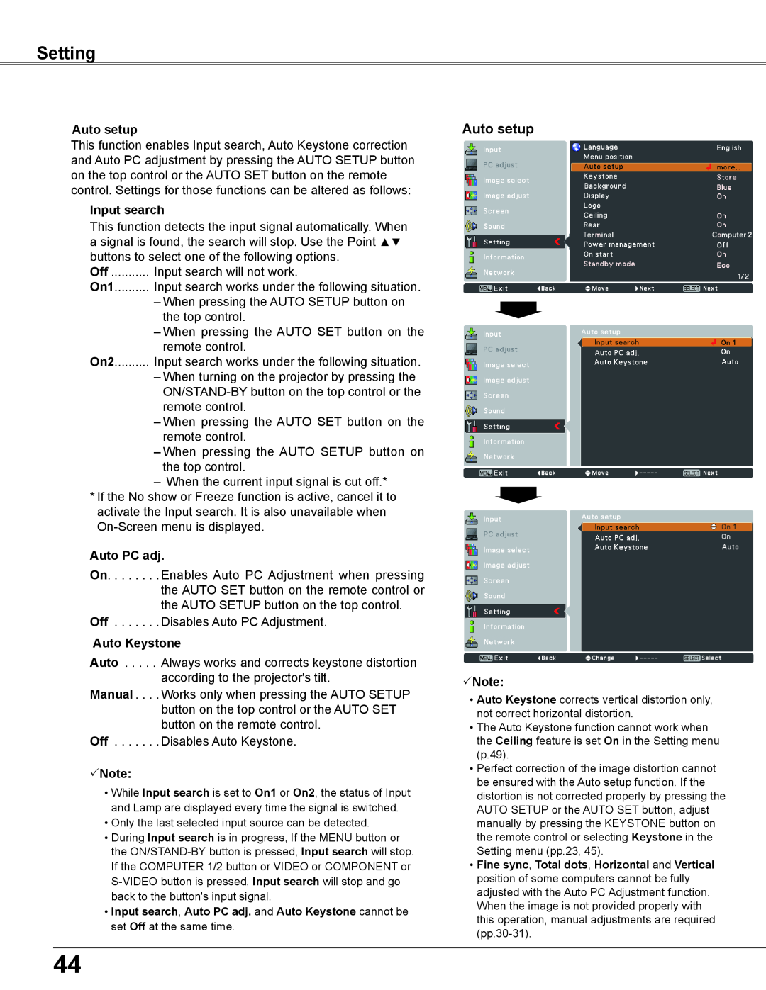 Elmo CRP-26 owner manual Setting, Auto setup, Input search, Auto PC adj, Auto Keystone, Note 
