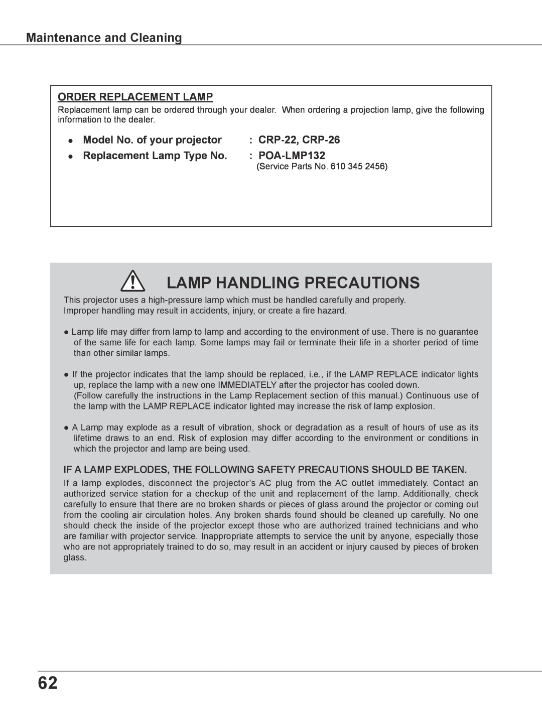 Elmo Lamp Handling Precautions, Order Replacement Lamp, Model No. of your projector, CRP-22, CRP-26, POA-LMP132 
