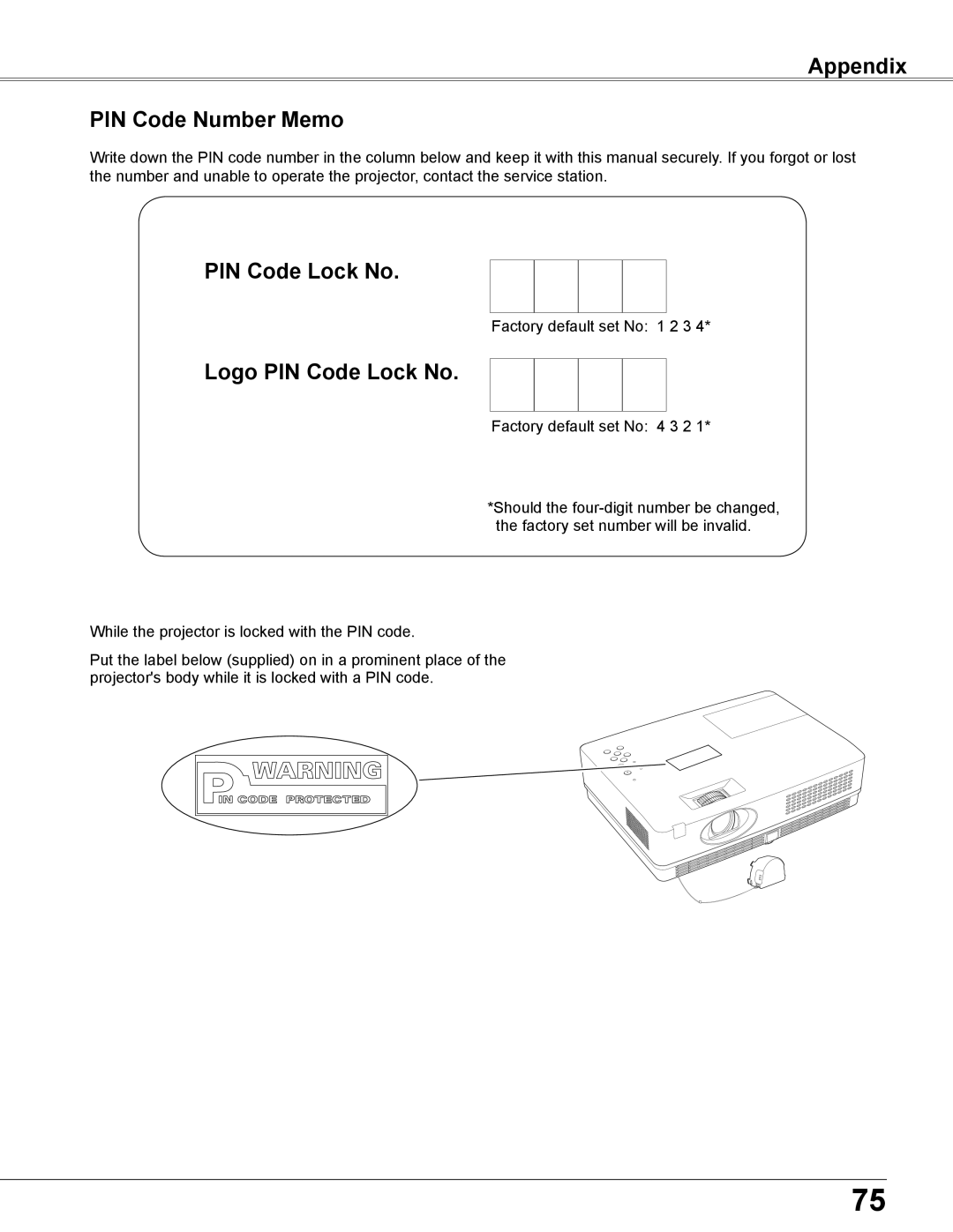 Elmo CRP-26 owner manual Appendix PIN Code Number Memo, Logo PIN Code Lock No 