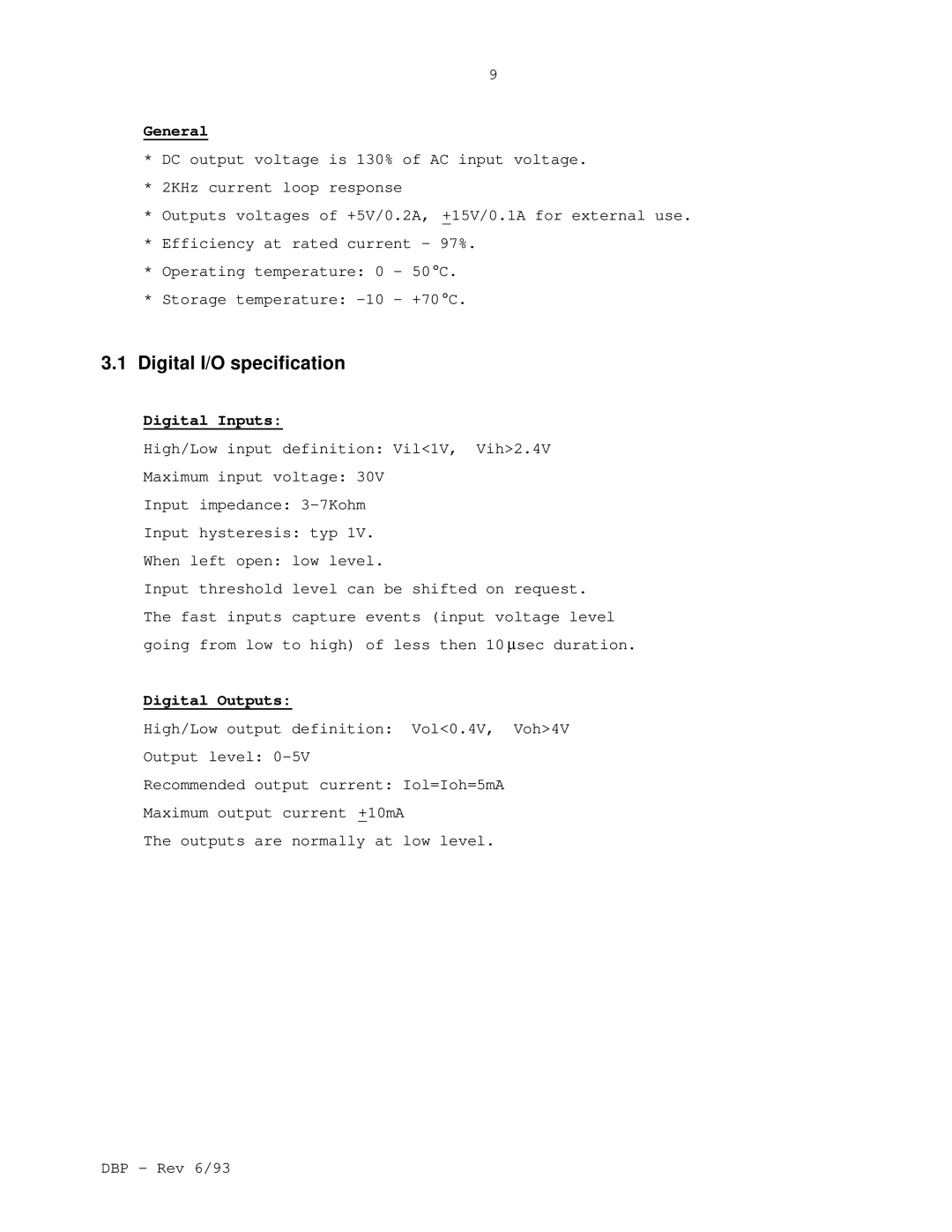 Elmo DBP SERIES manual Digital I/O specification, General, Digital Inputs, Digital Outputs 