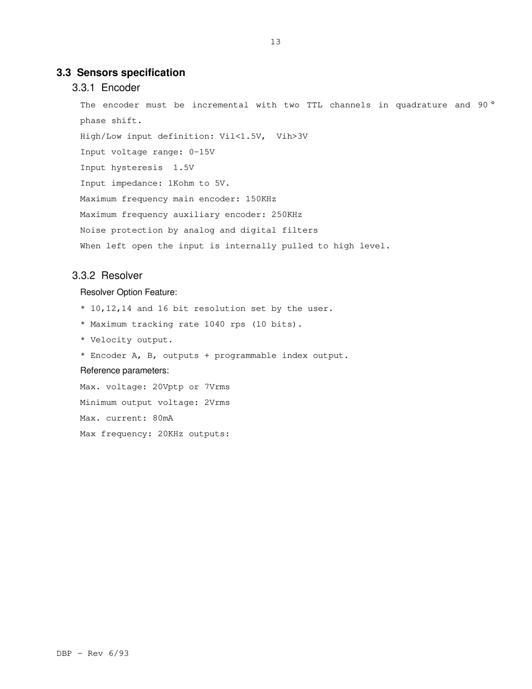 Elmo DBP SERIES manual Sensors specification, Encoder, Resolver Option Feature, Reference parameters 