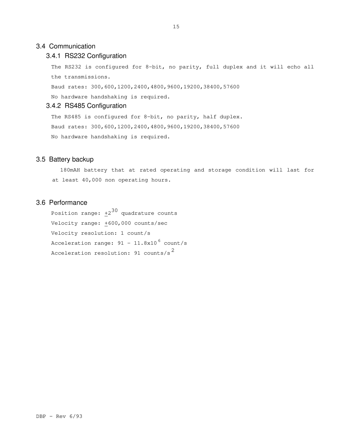 Elmo DBP SERIES manual Communication, 1 RS232 Configuration, 2 RS485 Configuration, Battery backup, Performance 