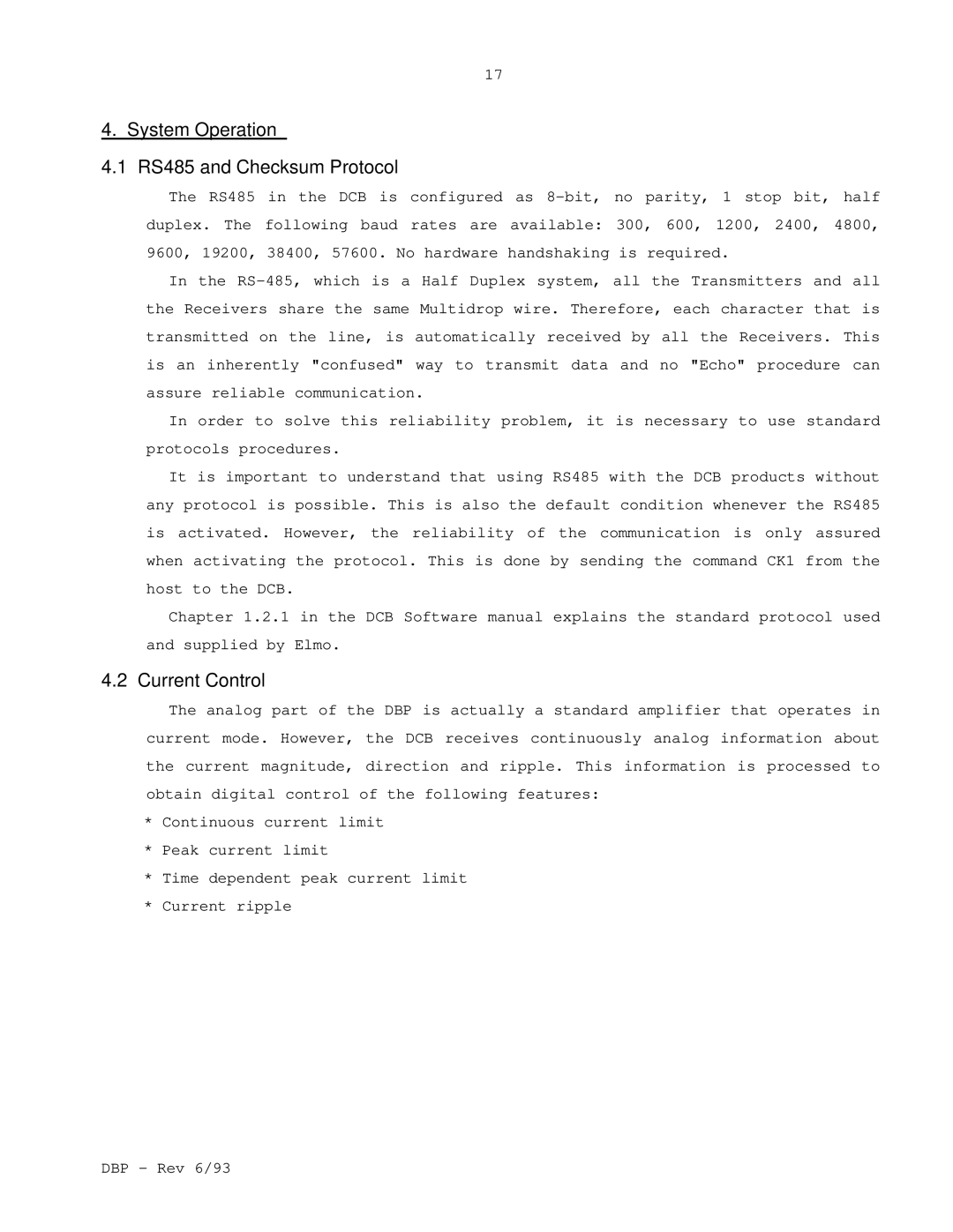 Elmo DBP SERIES manual System Operation RS485 and Checksum Protocol, Current Control 