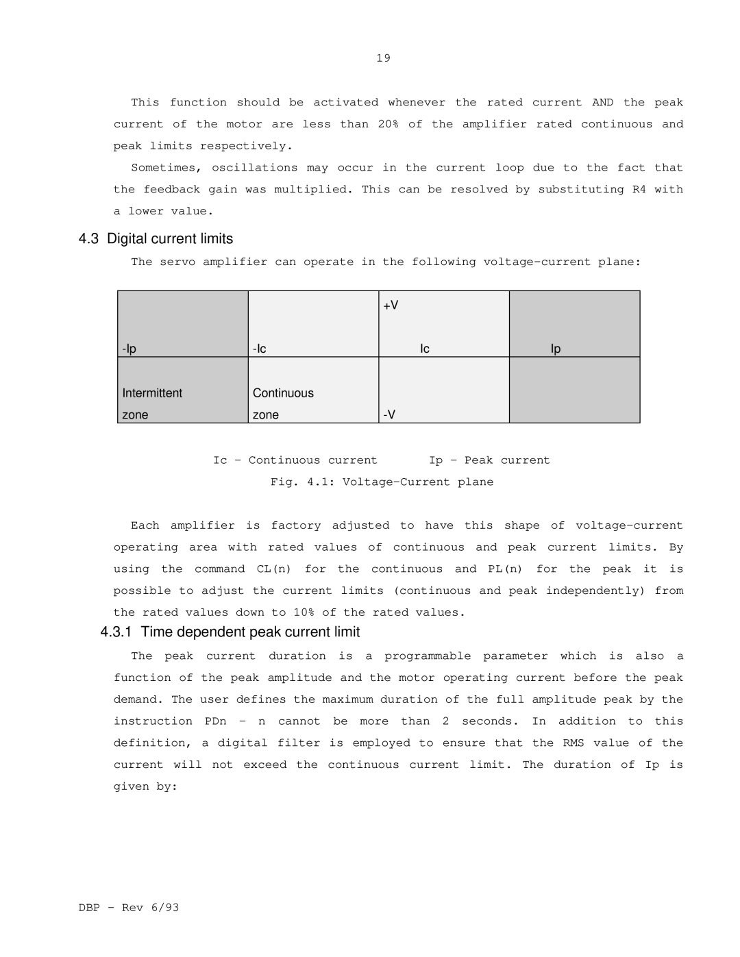 Elmo DBP SERIES manual Digital current limits, Time dependent peak current limit 