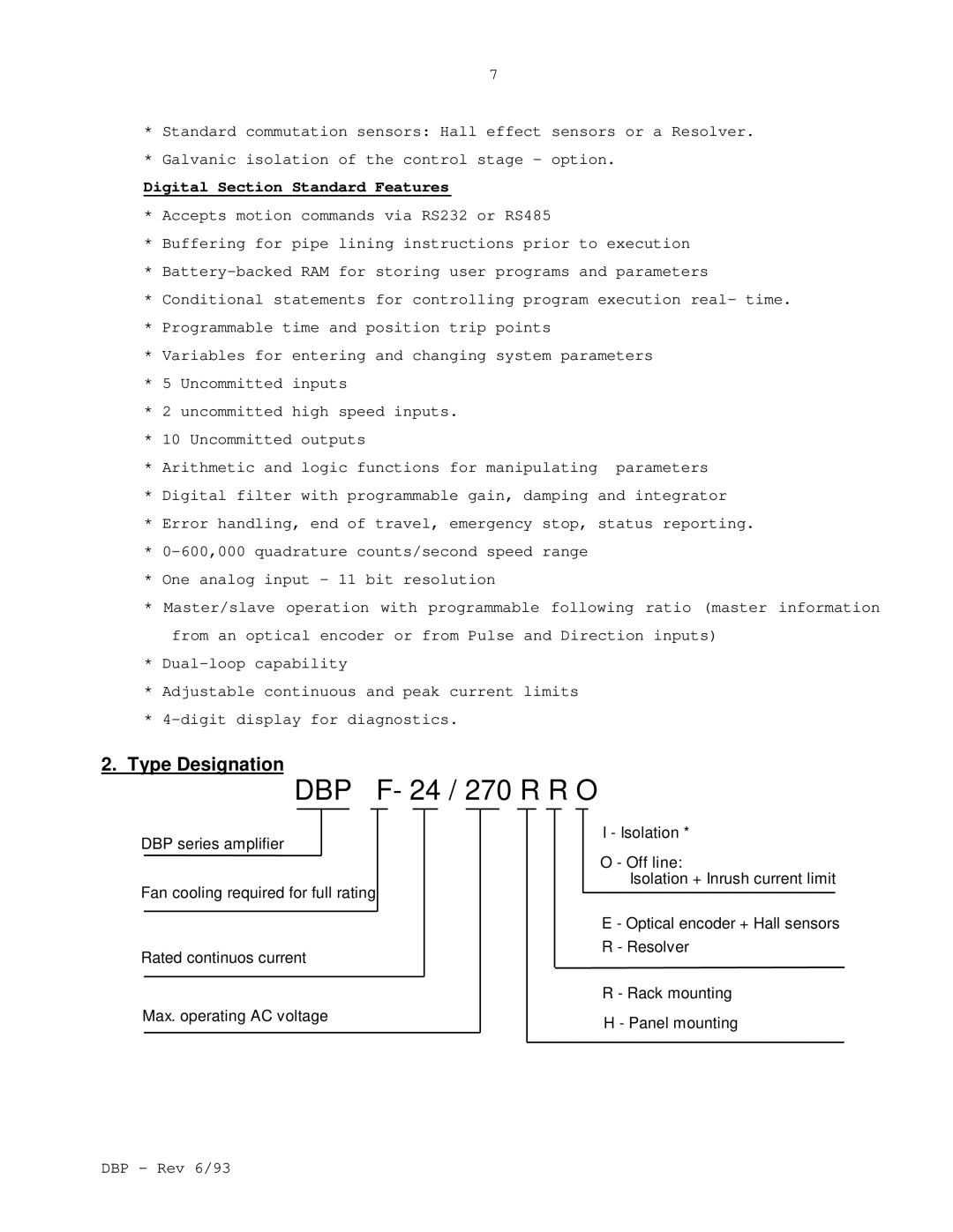 Elmo DBP SERIES manual Type Designation, Digital Section Standard Features 