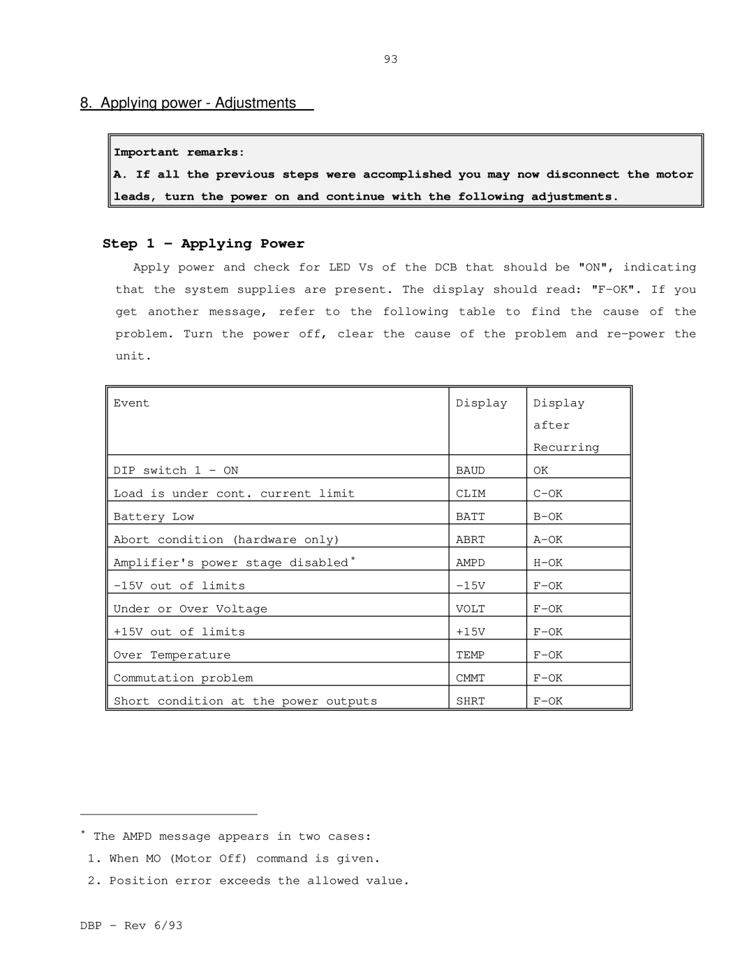 Elmo DBP SERIES manual Applying power Adjustments, Applying Power 