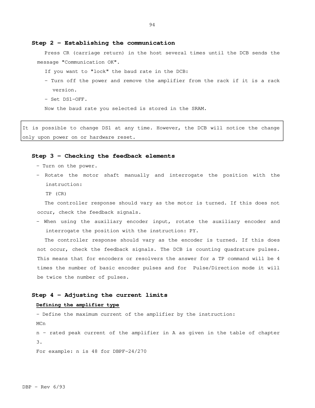 Elmo DBP SERIES manual Establishing the communication, Checking the feedback elements, Adjusting the current limits 