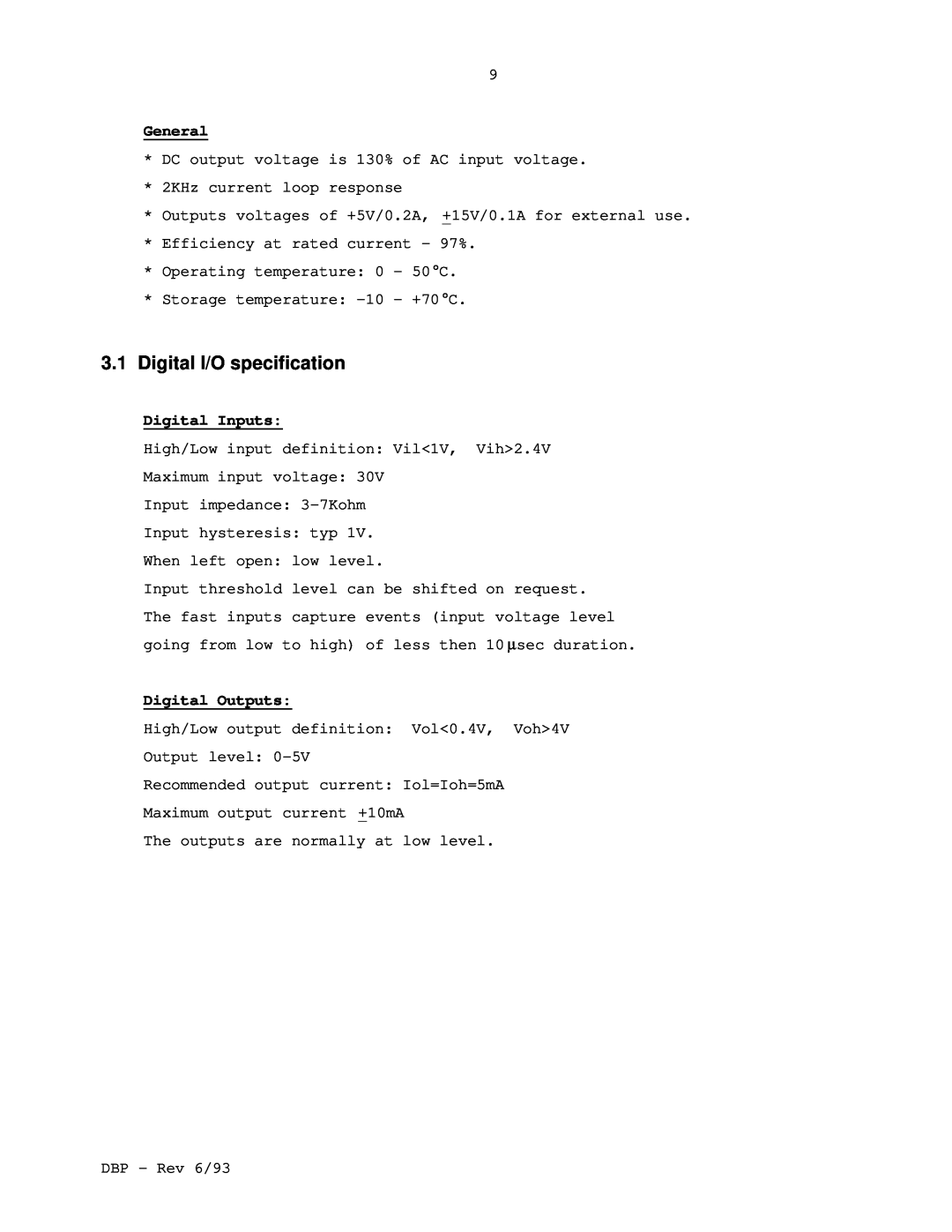 Elmo DBP SERIES manual 3.1Digital I/O specification, General, Digital Inputs, Digital Outputs 