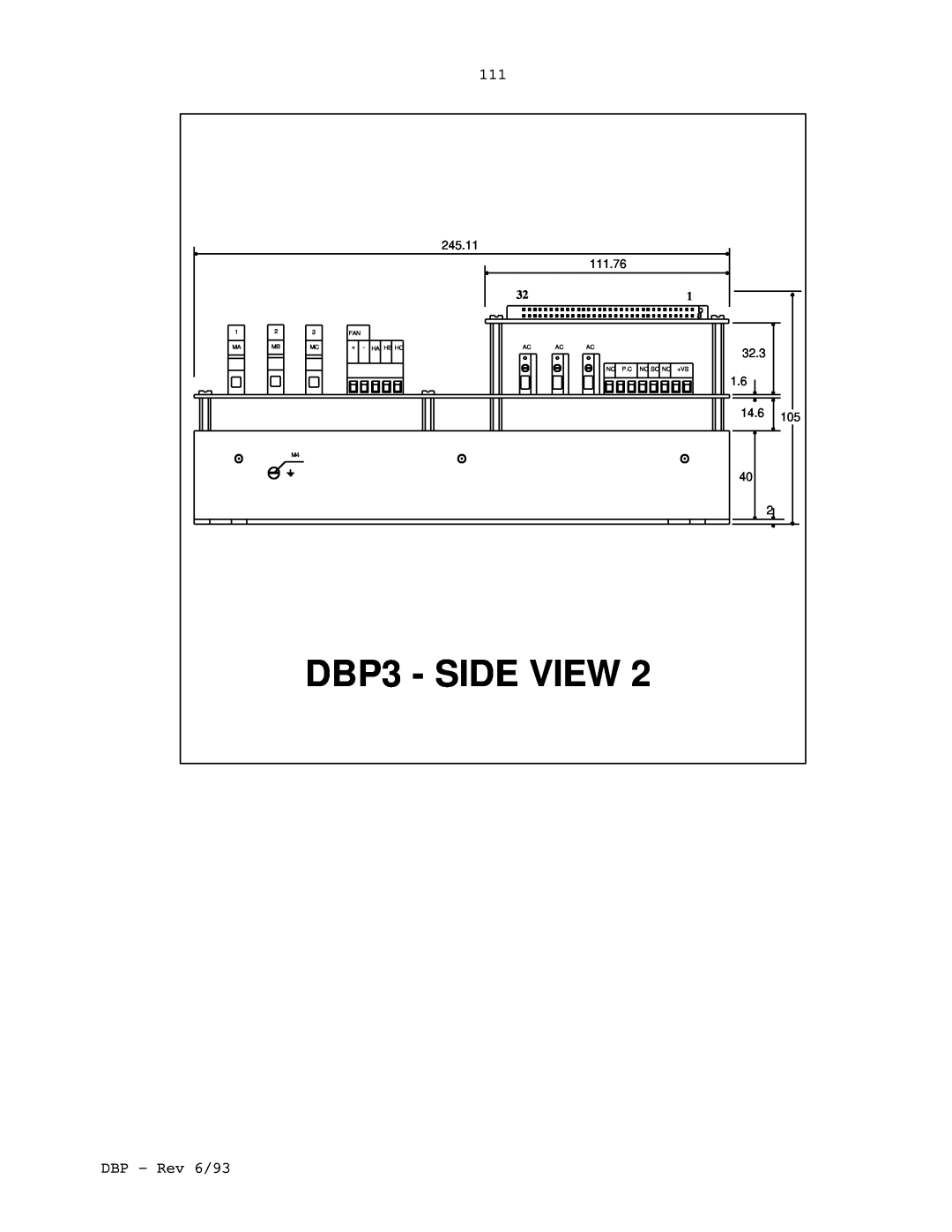 Elmo DBP SERIES manual DBP3 - SIDE VIEW, DBP - Rev 6/93, 245.11, 111.76, 14.6 