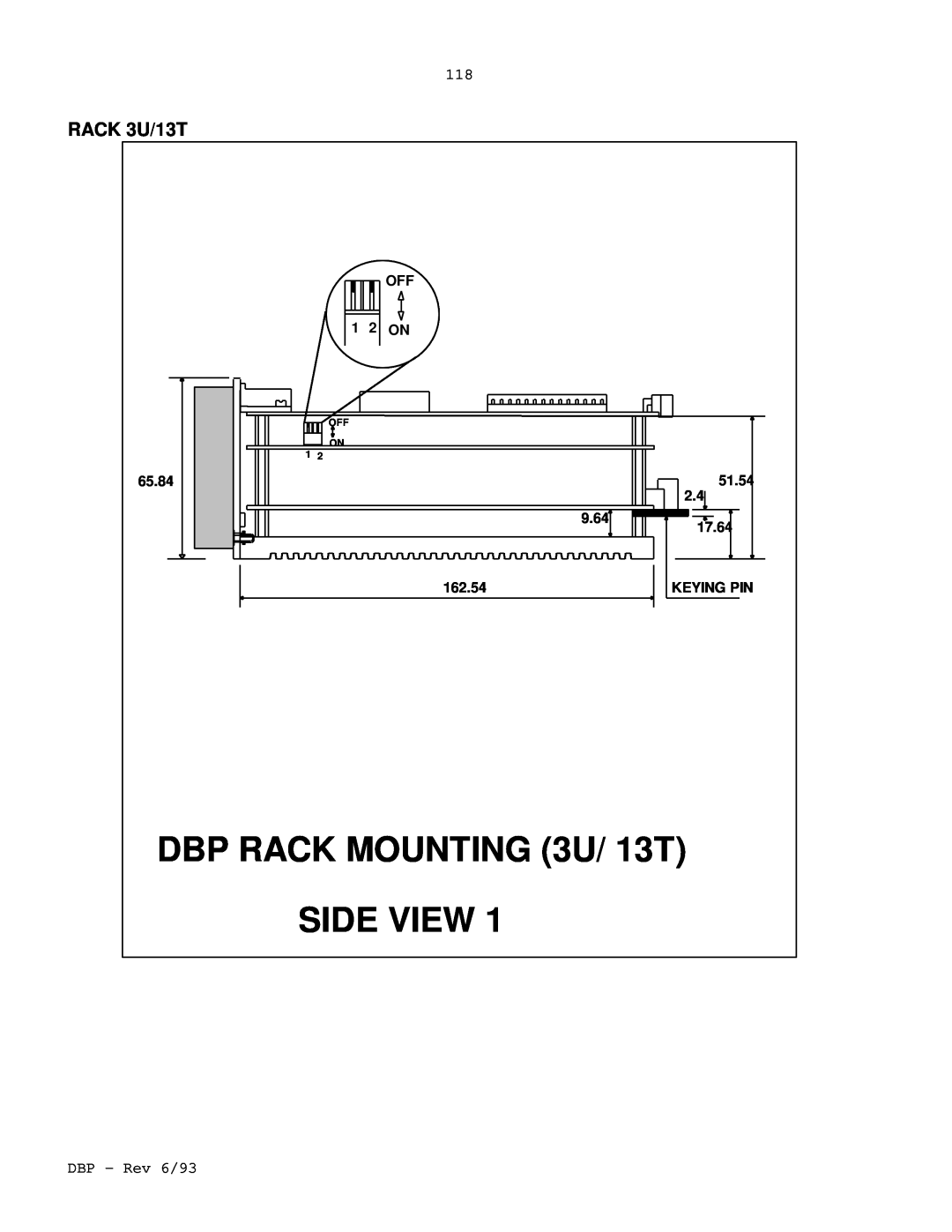 Elmo DBP SERIES manual DBP RACK MOUNTING 3U/ 13T, Side View, RACK 3U/13T, 65.84, 51.54, 9.64, 17.64, 162.54, Keying Pin 