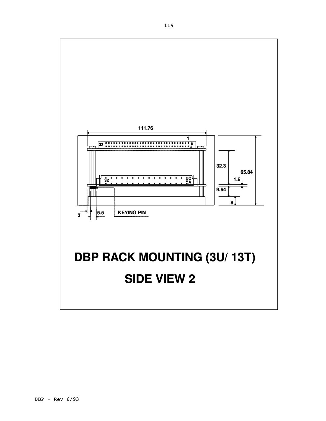 Elmo DBP SERIES manual DBP RACK MOUNTING 3U/ 13T, Side View, 111.76, 32.3, 65.84, 9.64, Keying Pin 