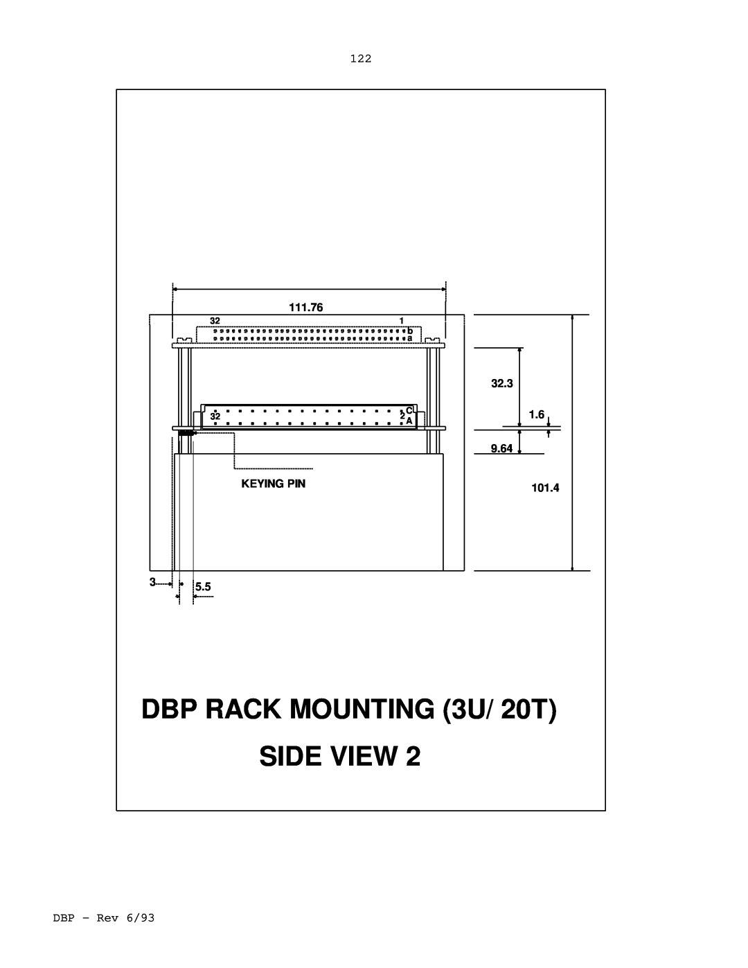 Elmo DBP SERIES manual DBP RACK MOUNTING 3U/ 20T, Side View, 111.76, 32.3, 9.64, Keying Pin, 101.4 