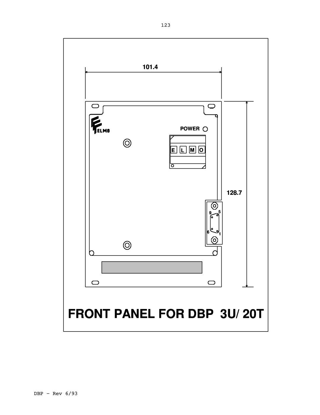 Elmo DBP SERIES manual FRONT PANEL FOR DBP 3U/ 20T, 101.4, 128.7, Power, E L M O 