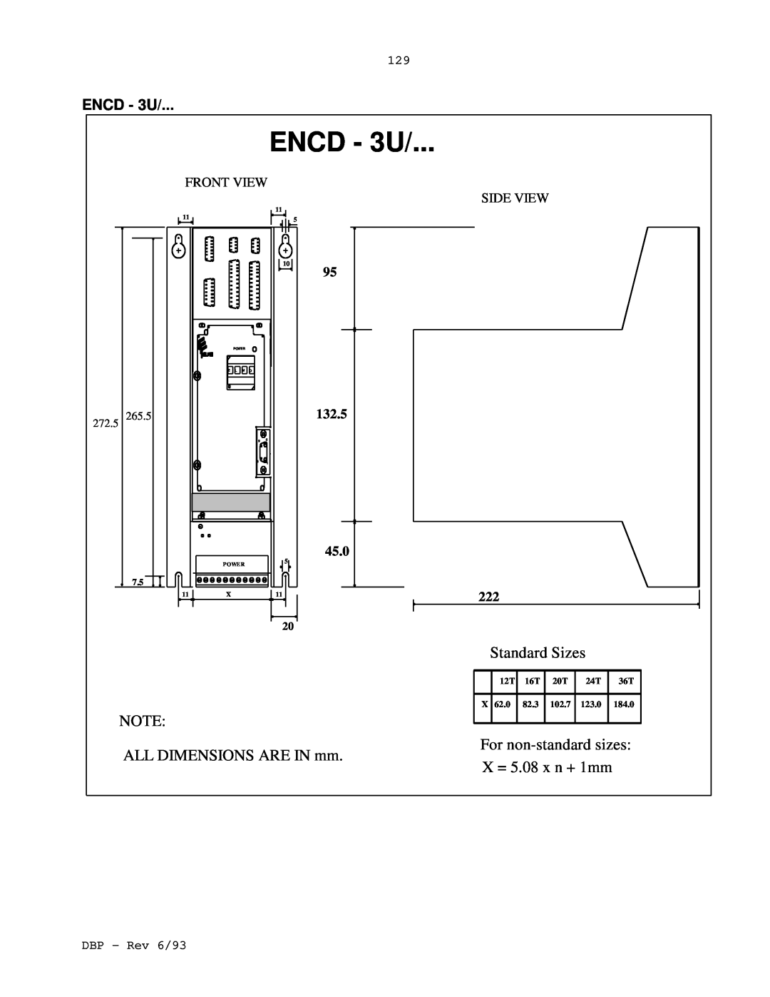 Elmo DBP SERIES ENCD - 3U, Standard Sizes, ALL DIMENSIONS ARE IN mm, For non-standardsizes X = 5.08 x n + 1mm, Front View 