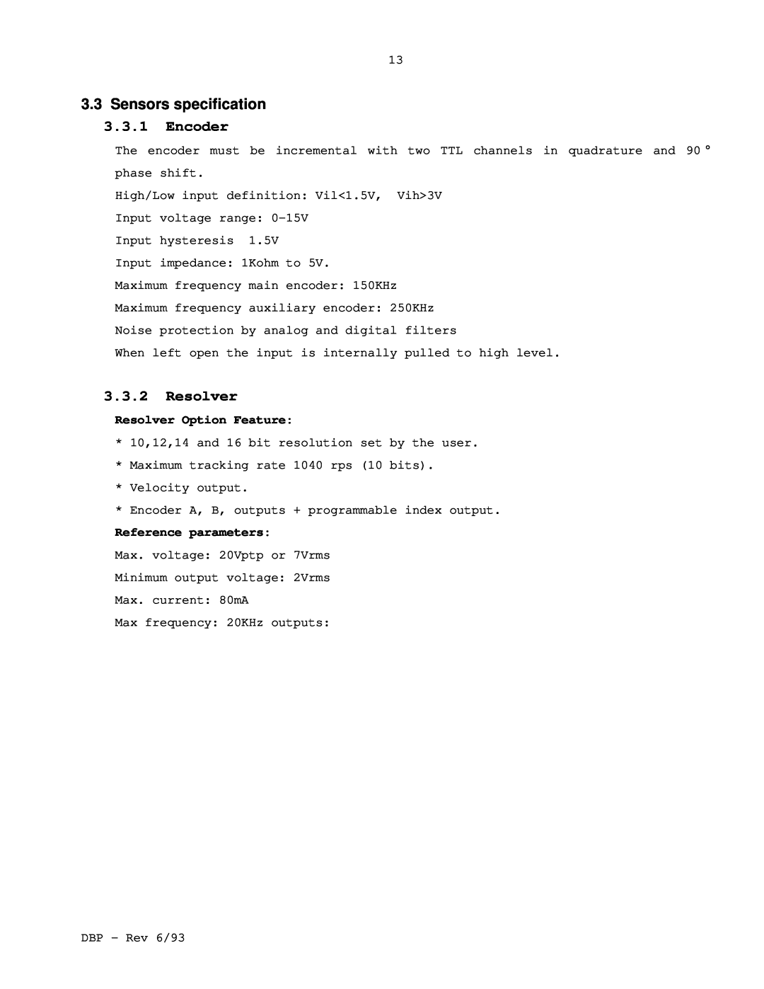 Elmo DBP SERIES manual 3.3Sensors specification, 3.3.1Encoder, 3.3.2Resolver 