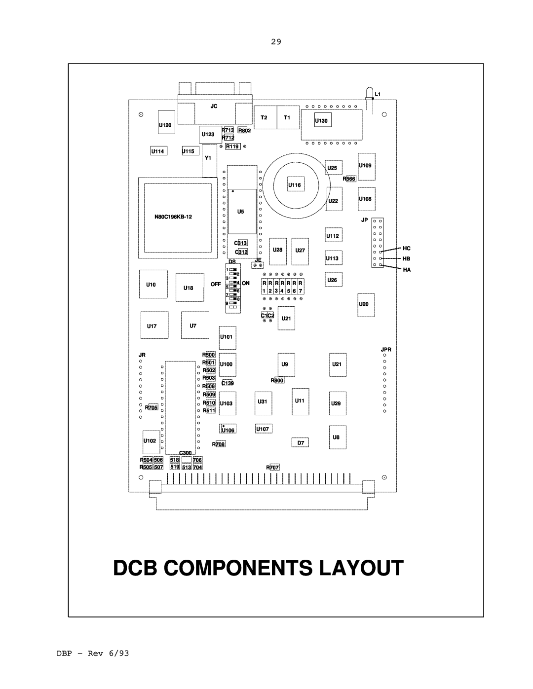 Elmo DBP SERIES manual Dcb Components Layout, DBP - Rev 6/93 