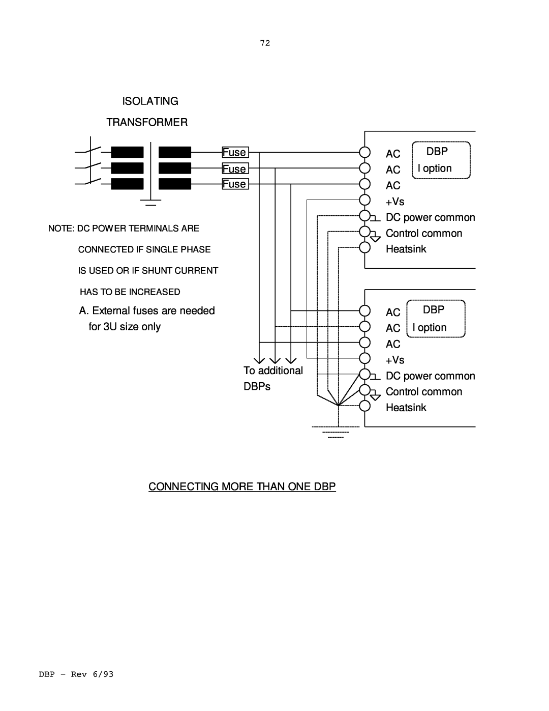 Elmo DBP SERIES ISOLATING TRANSFORMER Fuse Fuse Fuse, A. External fuses are needed for 3U size only, To additional DBPs 