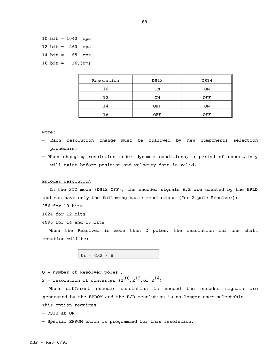 Elmo DBP SERIES manual bit =, 16.5rps, Resolution, DS13, DS14, Encoder resolution, for 10 bits 1024 for 12 bits, DS12 at ON 