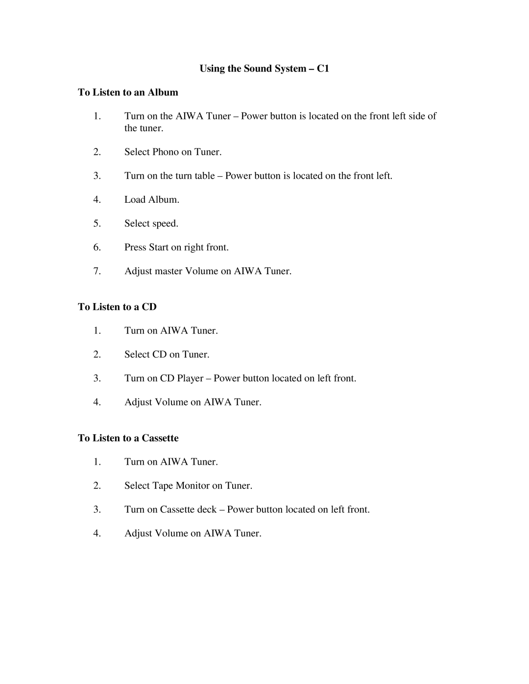 Elmo Digital Camera manual Using the Sound System C1 To Listen to an Album, To Listen to a CD, To Listen to a Cassette 