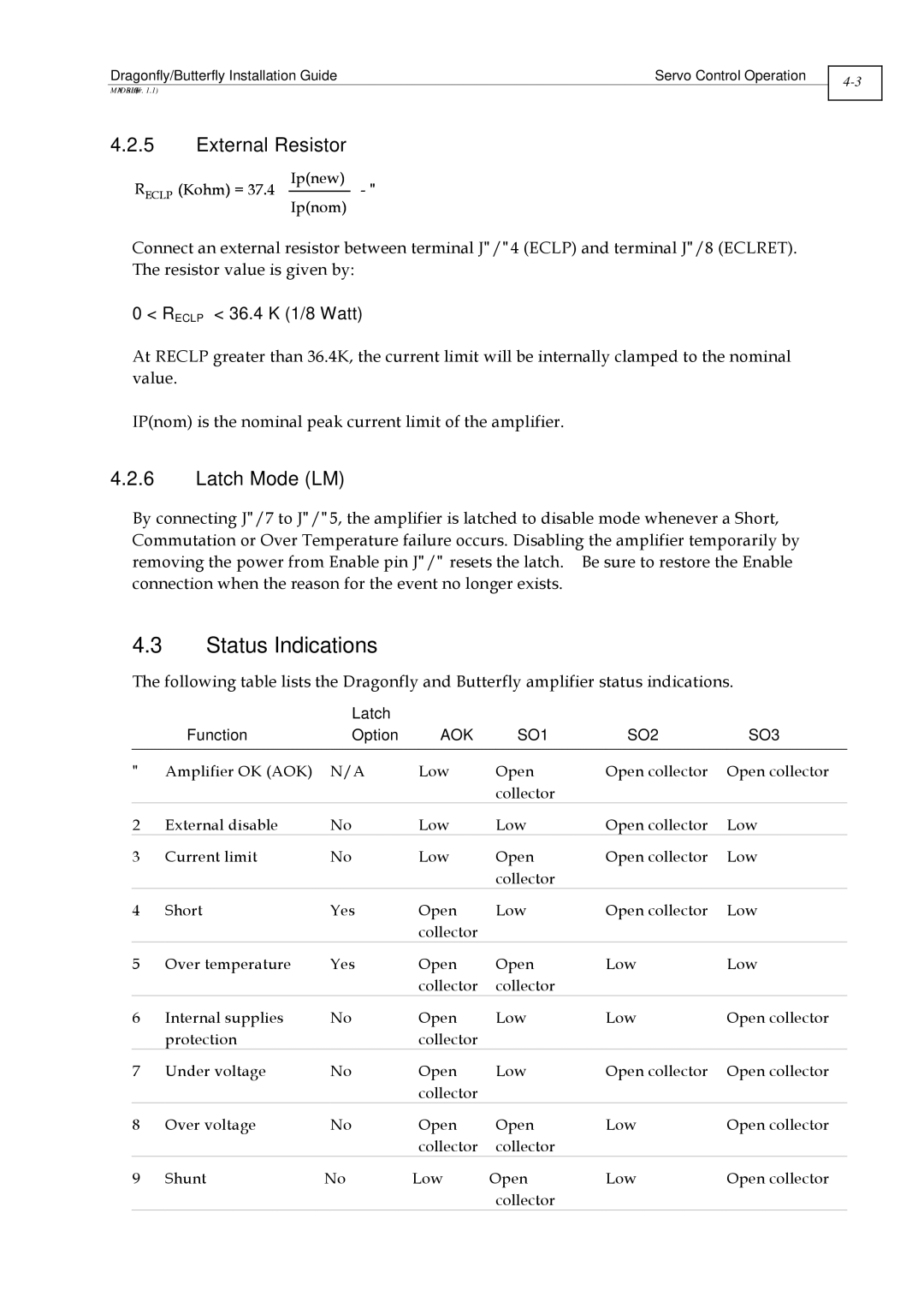 Elmo ExtrIQ Dragonfly/Butterfly, DRA- X/YY, BUT- X/YYY manual Status Indications, Latch Mode LM 