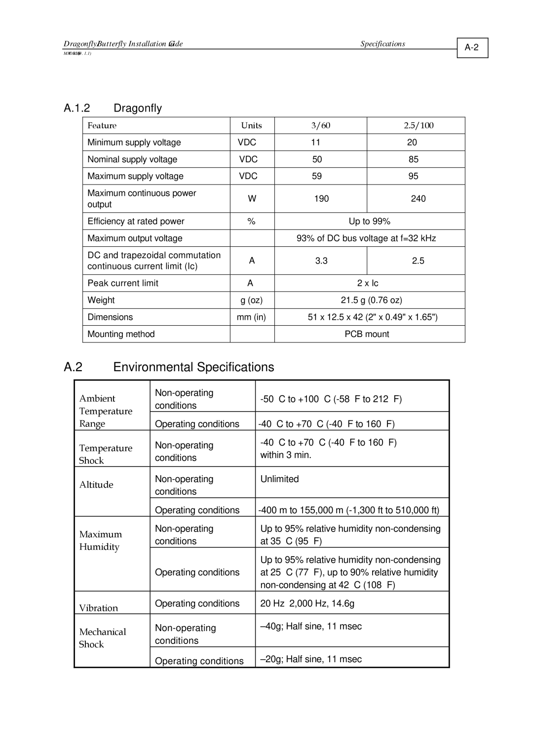 Elmo ExtrIQ Dragonfly/Butterfly, DRA- X/YY, BUT- X/YYY manual Environmental Specifications 