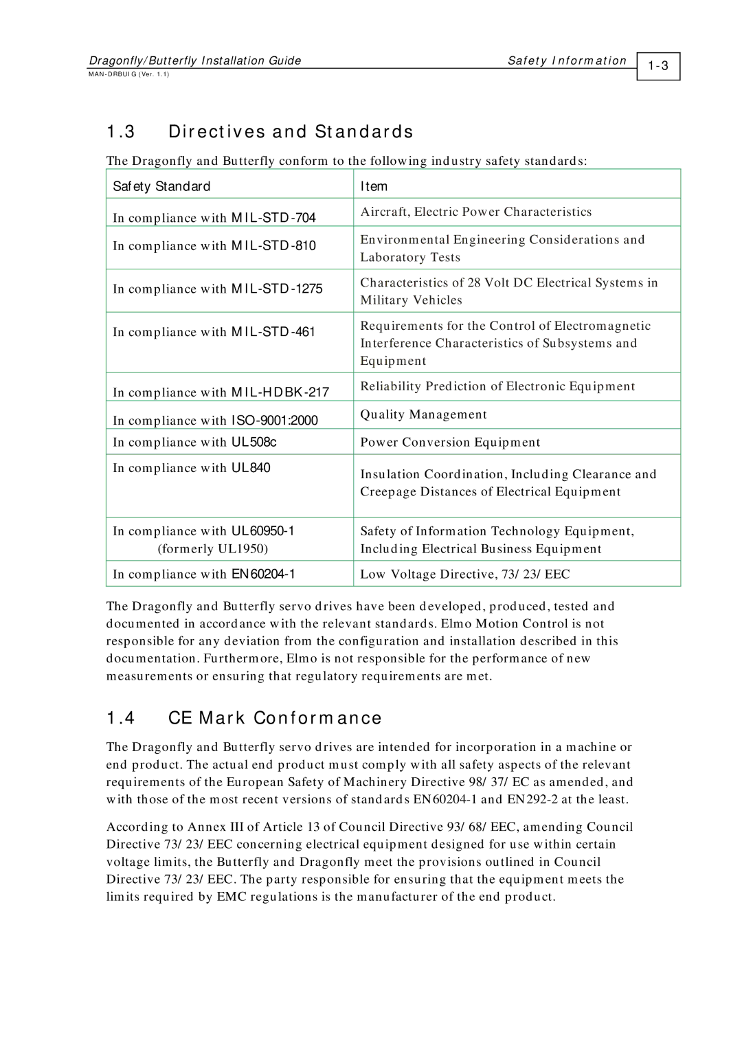 Elmo BUT- X/YYY, DRA- X/YY, ExtrIQ Dragonfly/Butterfly manual Directives and Standards, CE Mark Conformance, Safety Standard 