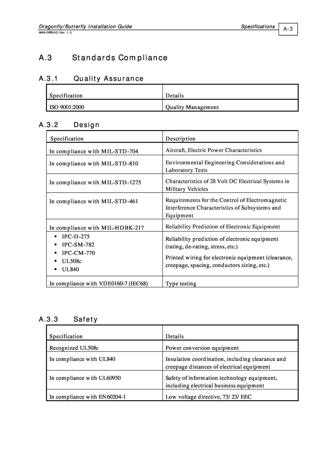 Elmo DRA- X/YY manual A.3 Standards Compliance, A.3.1 Quality Assurance, A.3.2, Design, A.3.3, Safety, Laboratory Tests 