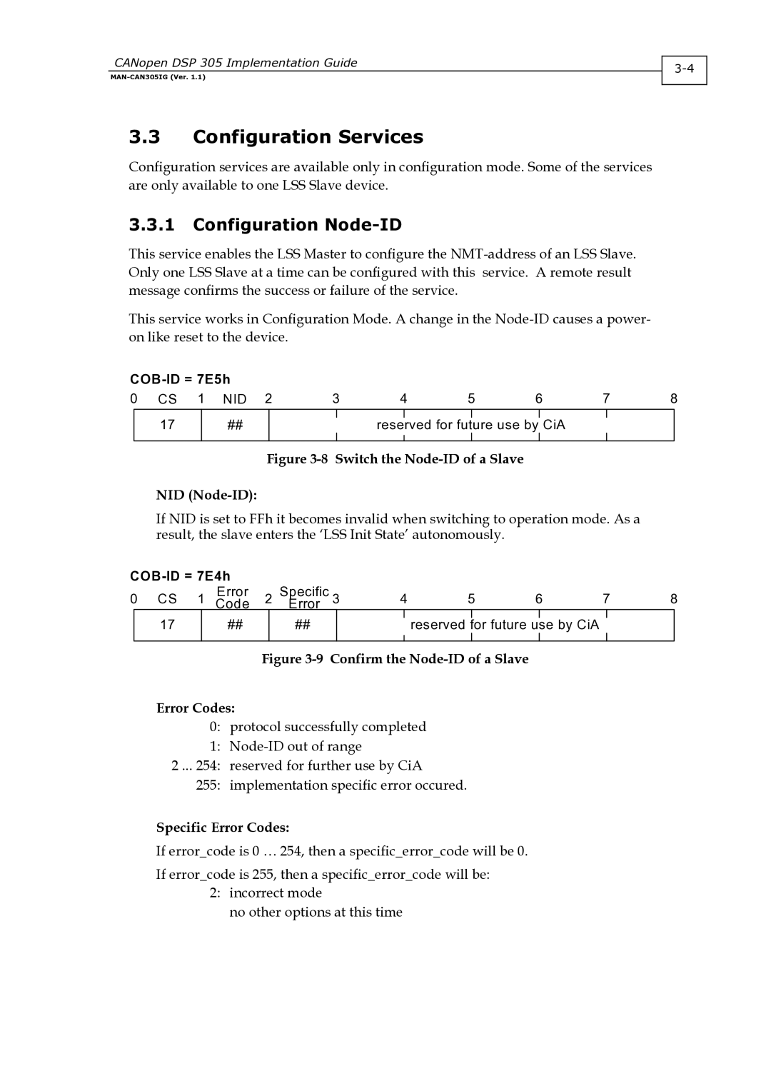 Elmo DSP 305 manual Configuration Services, Configuration Node-ID, Specific Error Codes 