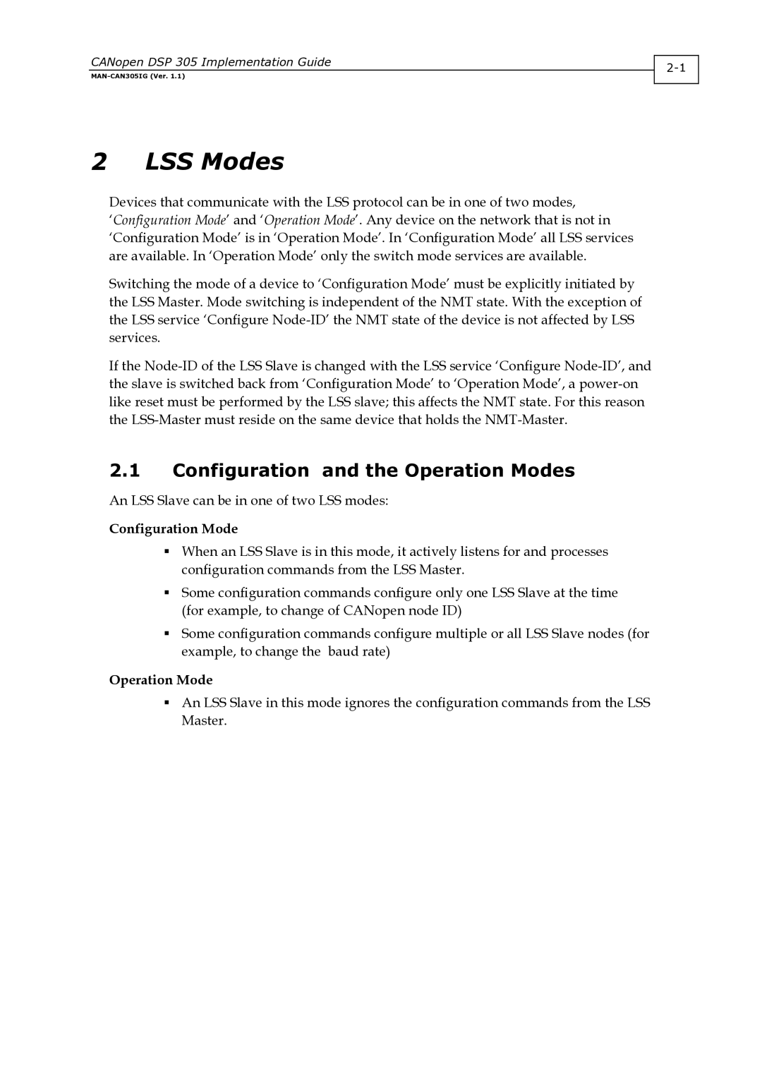 Elmo DSP 305 manual LSS Modes, Configuration and the Operation Modes, Configuration Mode 