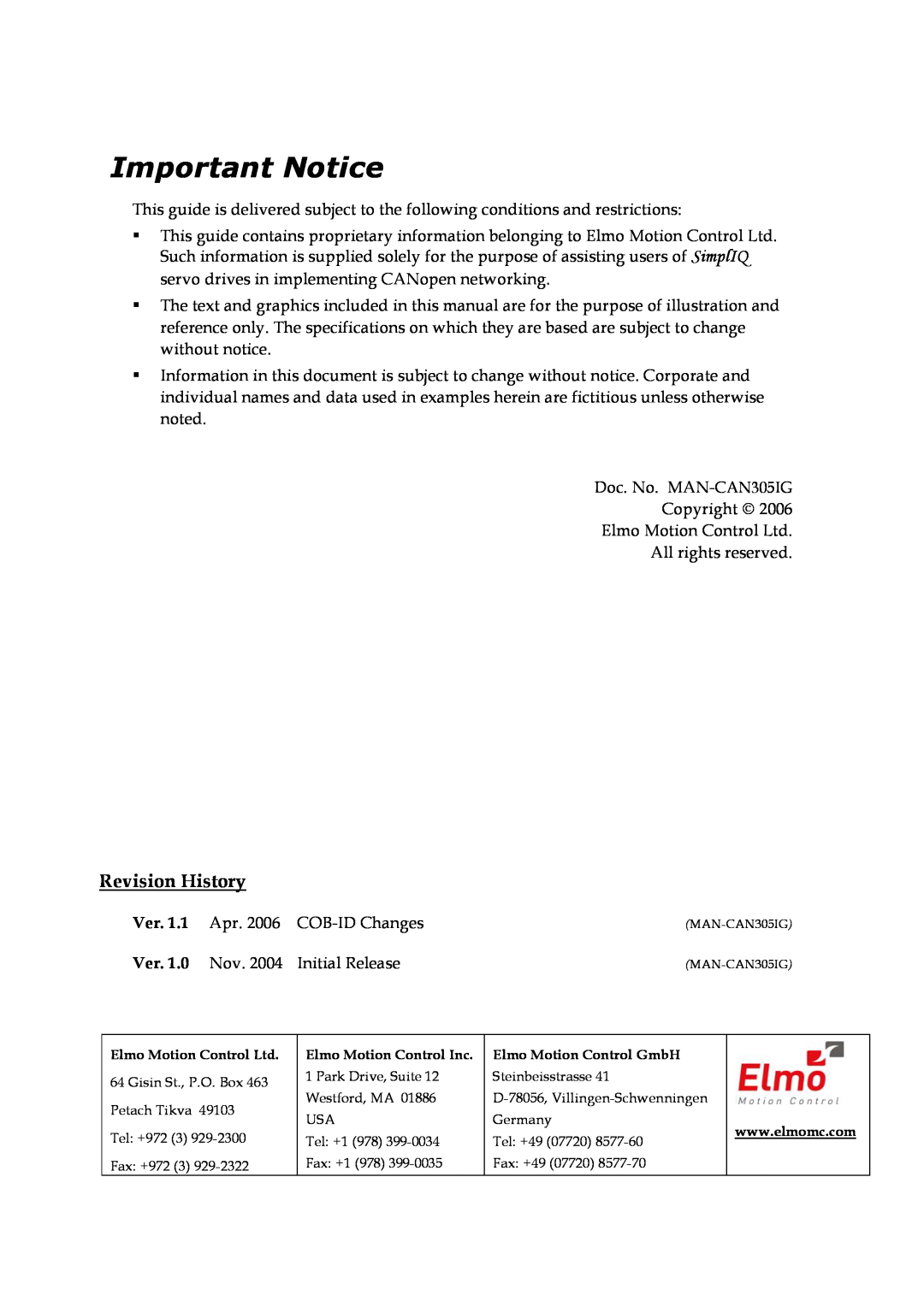 Elmo DSP 305 manual Important Notice, Ver, Revision History 