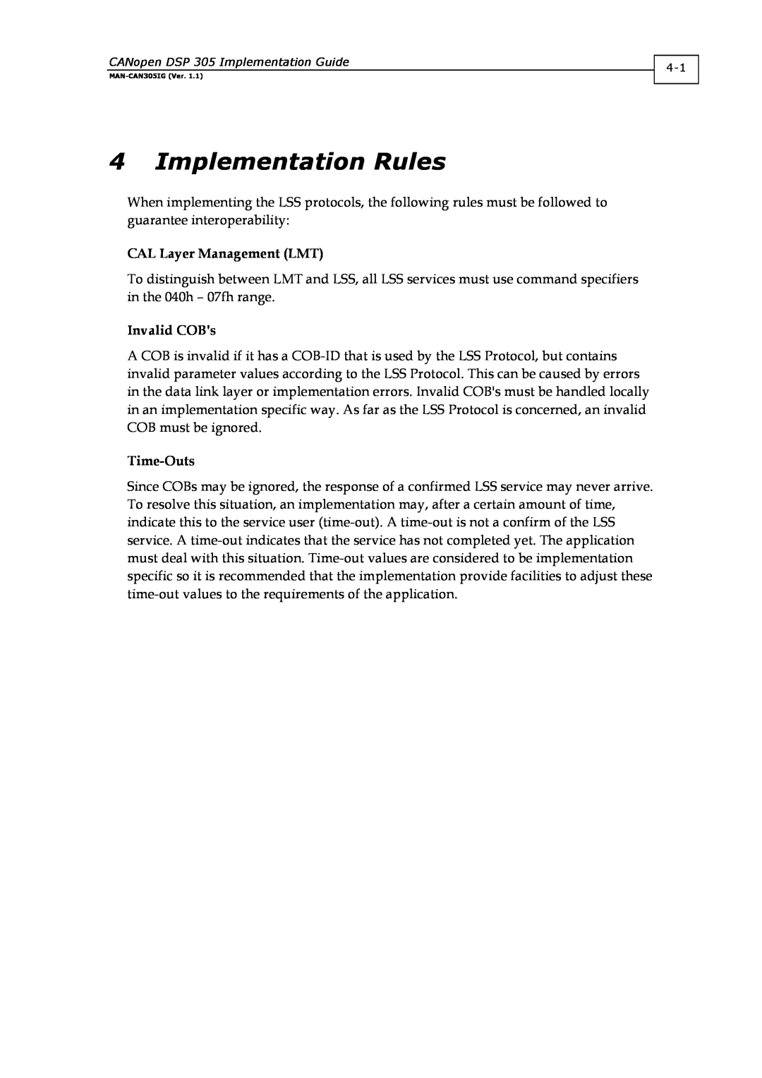 Elmo DSP 305 manual Implementation Rules, CAL Layer Management LMT, Invalid COBs, Time-Outs 