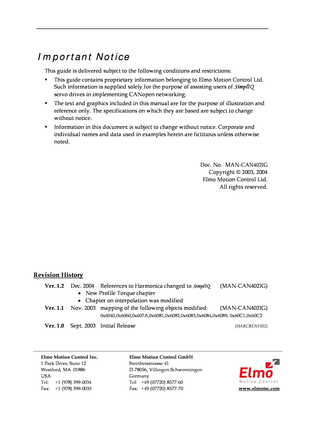 Elmo DSP 402 manual Important Notice, Revision History 