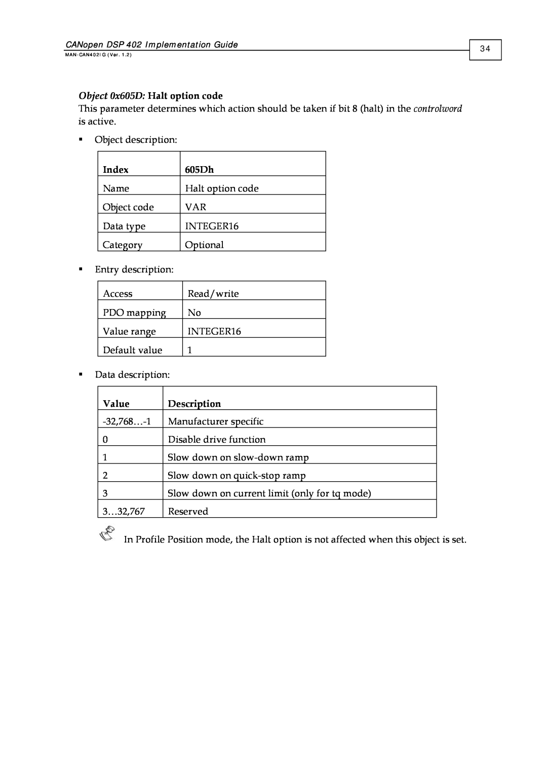 Elmo DSP 402 manual Object 0x605D Halt option code, Index, 605Dh, Value, Description 